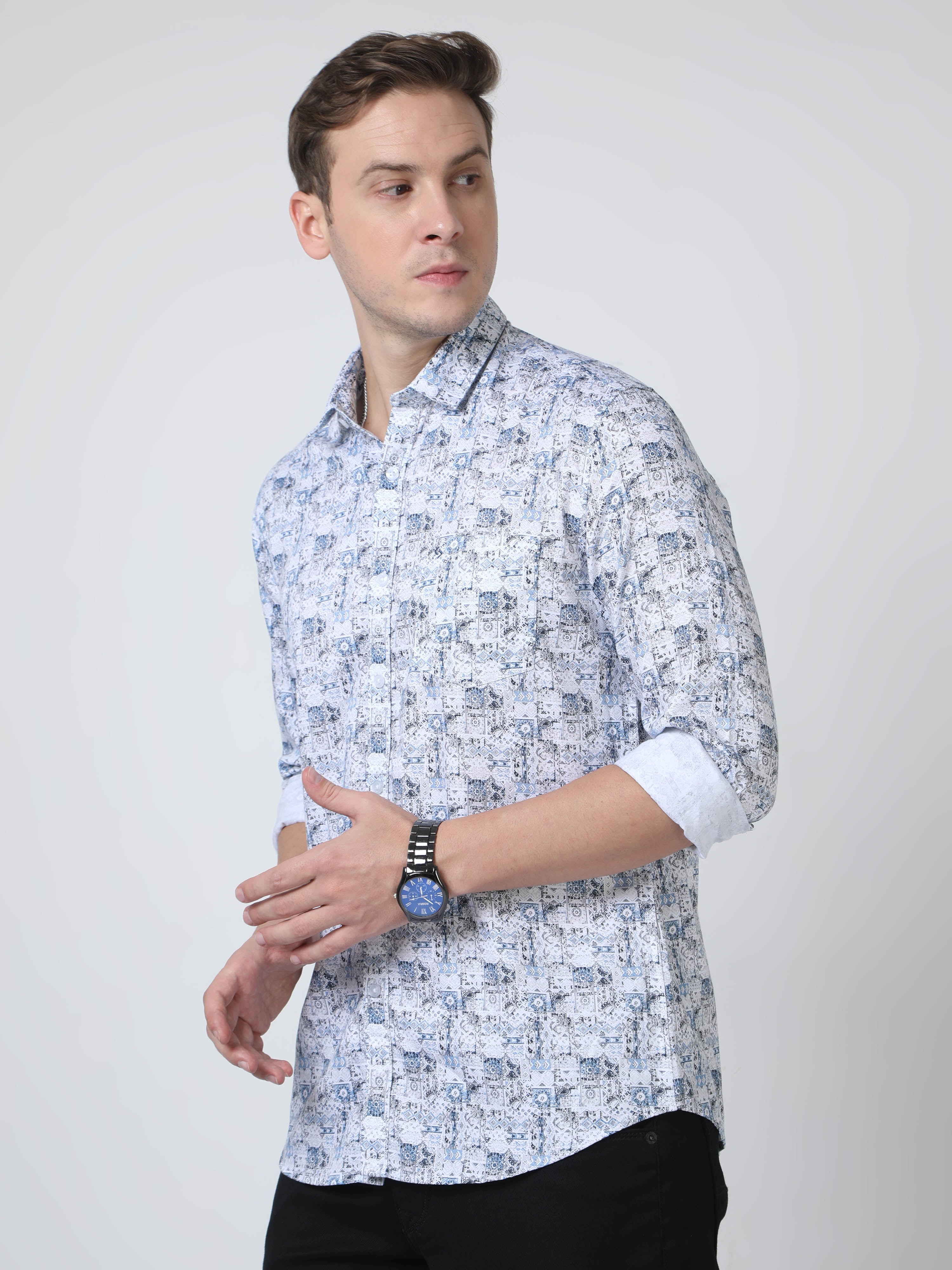 Classic Polo Mens Pure Cotton Full Sleeves Floral Slim Fit Polo Neck Blue Color Woven Shirt | So2-172 B-Fs-Prt-Sf