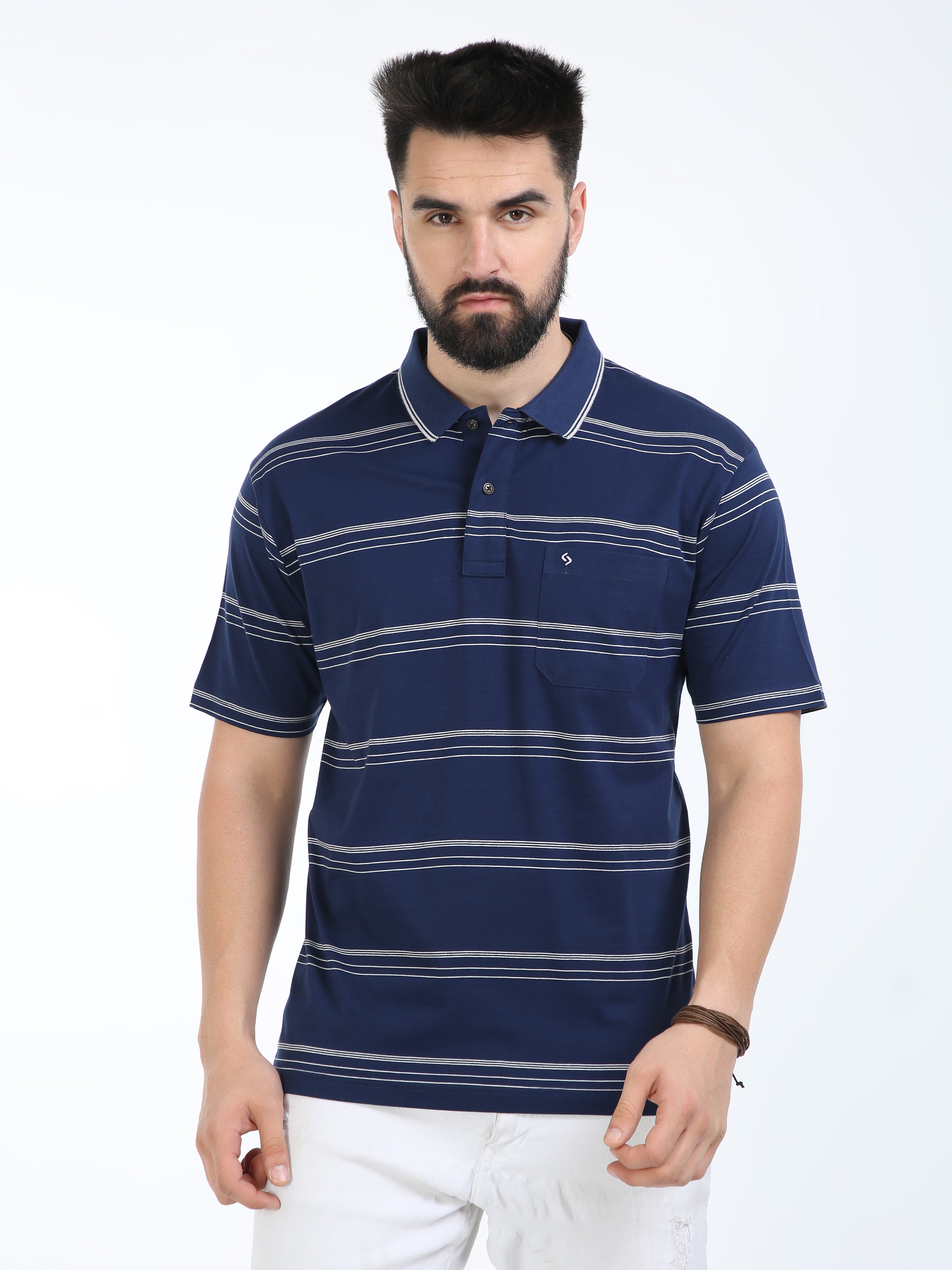 Classic Polo Mens Cotton Half Sleeves Striped Authentic Fit Polo Neck Navy Blue Color T-Shirt | Ap - 105 B Af P