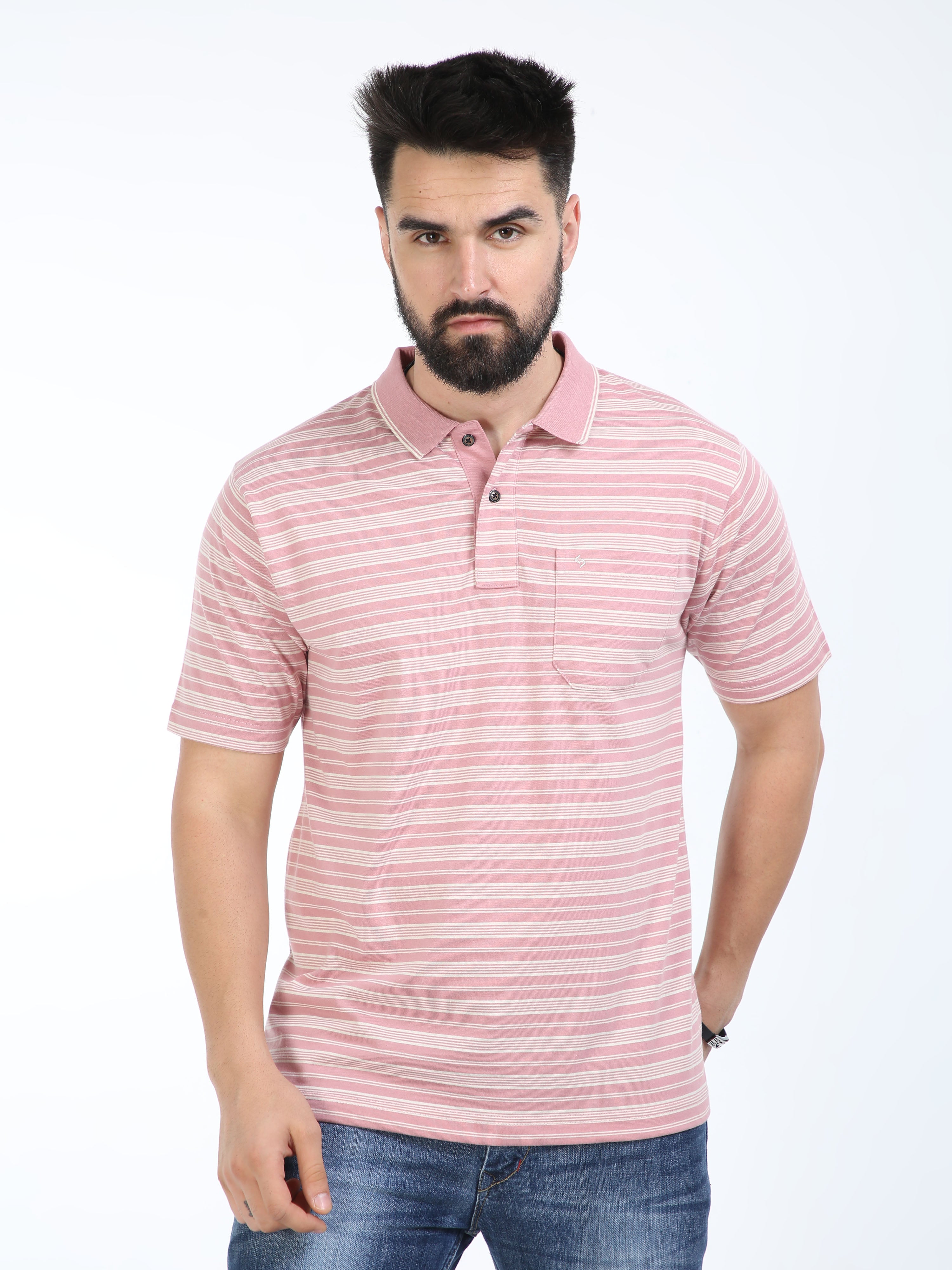 Classic Polo Mens Cotton Half Sleeves Striped Authentic Fit Polo Neck Peach Color T-Shirt | Feeders-234 B Af P