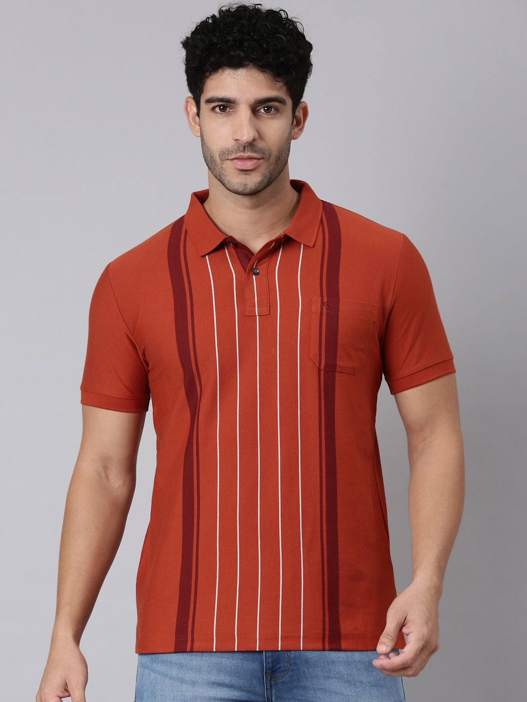 Classic Polo Men's Half Sleeve Rust Polo Neck Slim Fit Striped Cotton Blend T-Shirt | VERTICS - 125 A SF P