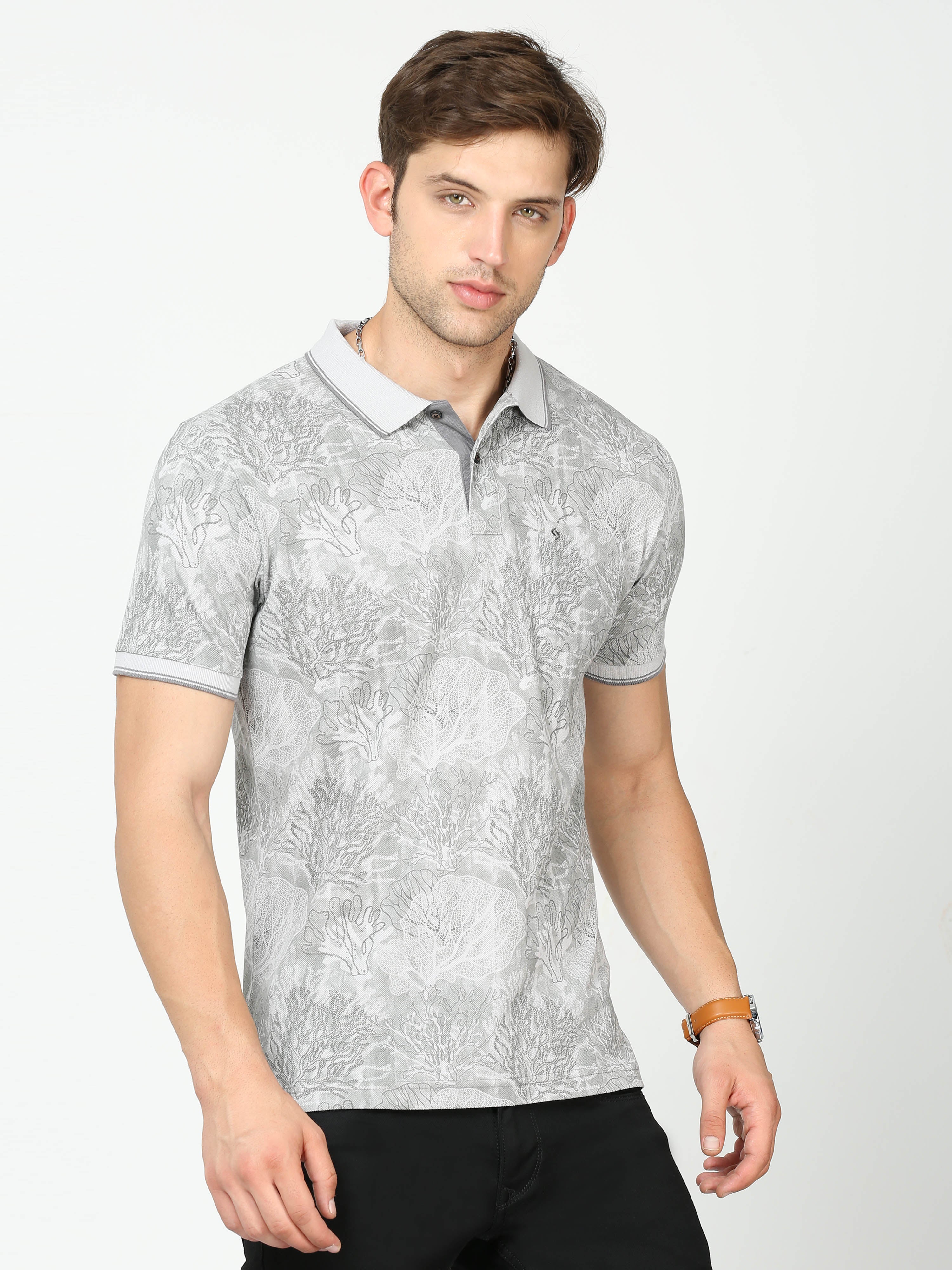 Classic Polo Mens Pure Cotton Half Sleeves Floral Slim Fit Polo Neck Grey Color T-Shirt | Beau - 213 A Sf P