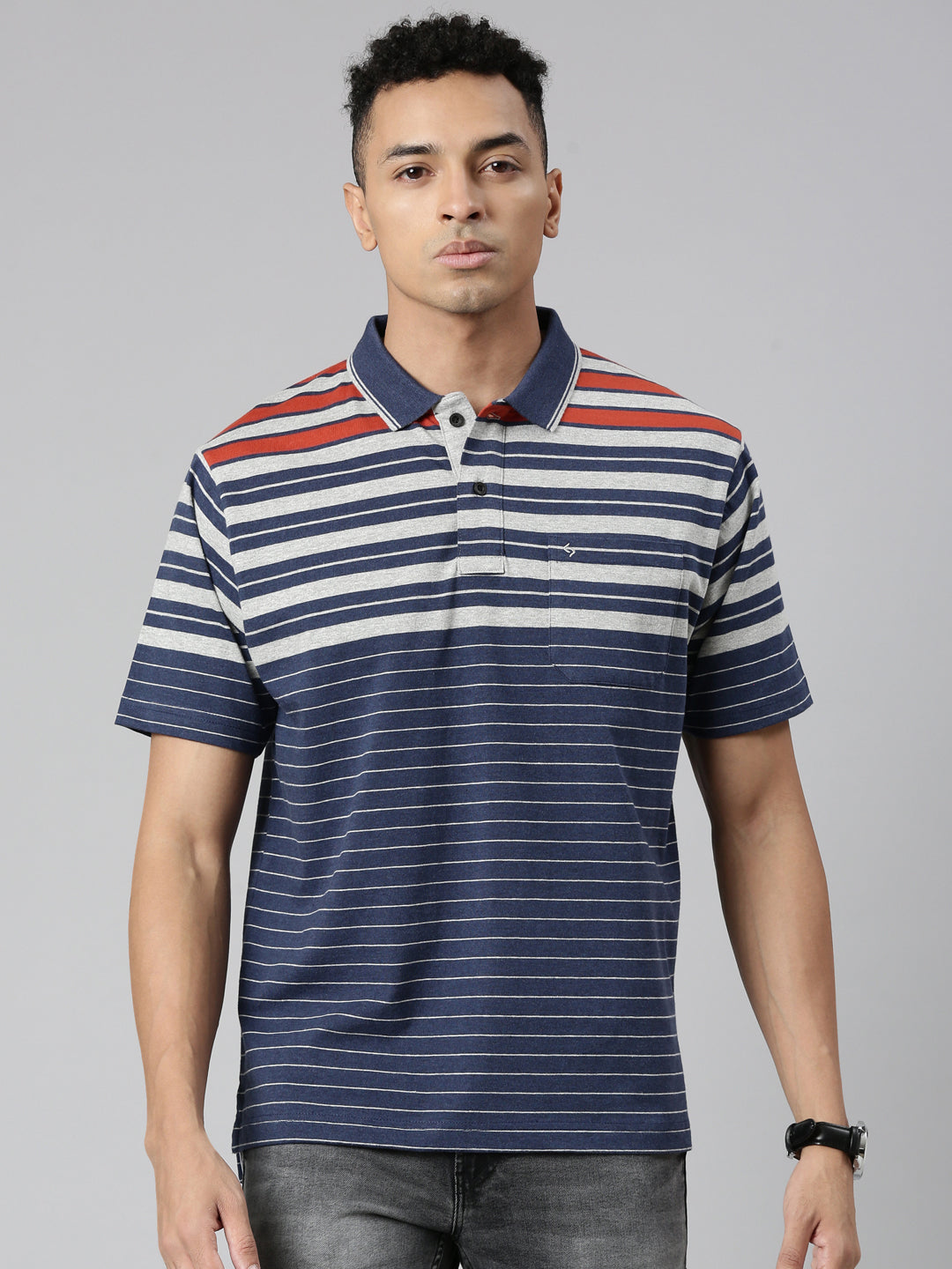 Classic Polo Men's Polo Neck Cotton Navy/Grey Authentic Fit Striped T-Shirt | MEL-251 B AF P