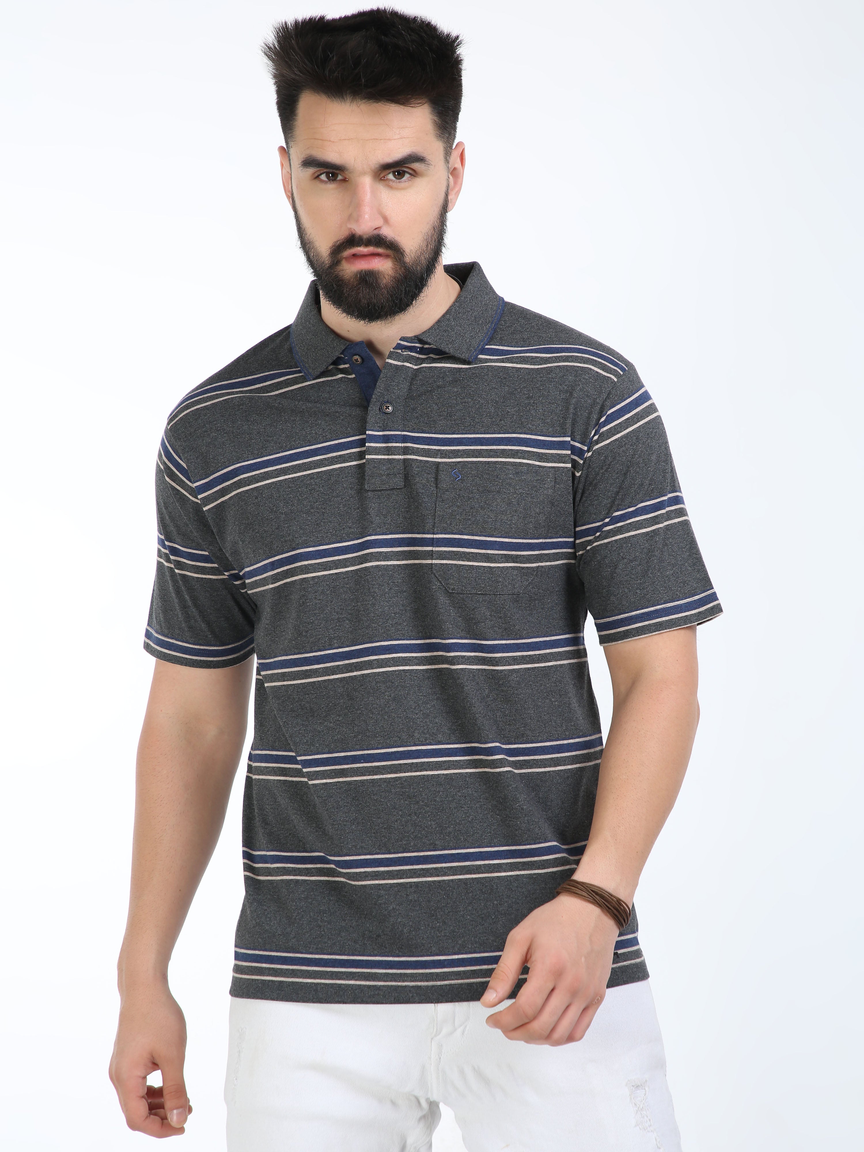 Classic Polo Mens Cotton Half Sleeves Striped Authentic Fit Polo Neck Grey Color T-Shirt | Mel - 241 B Af P