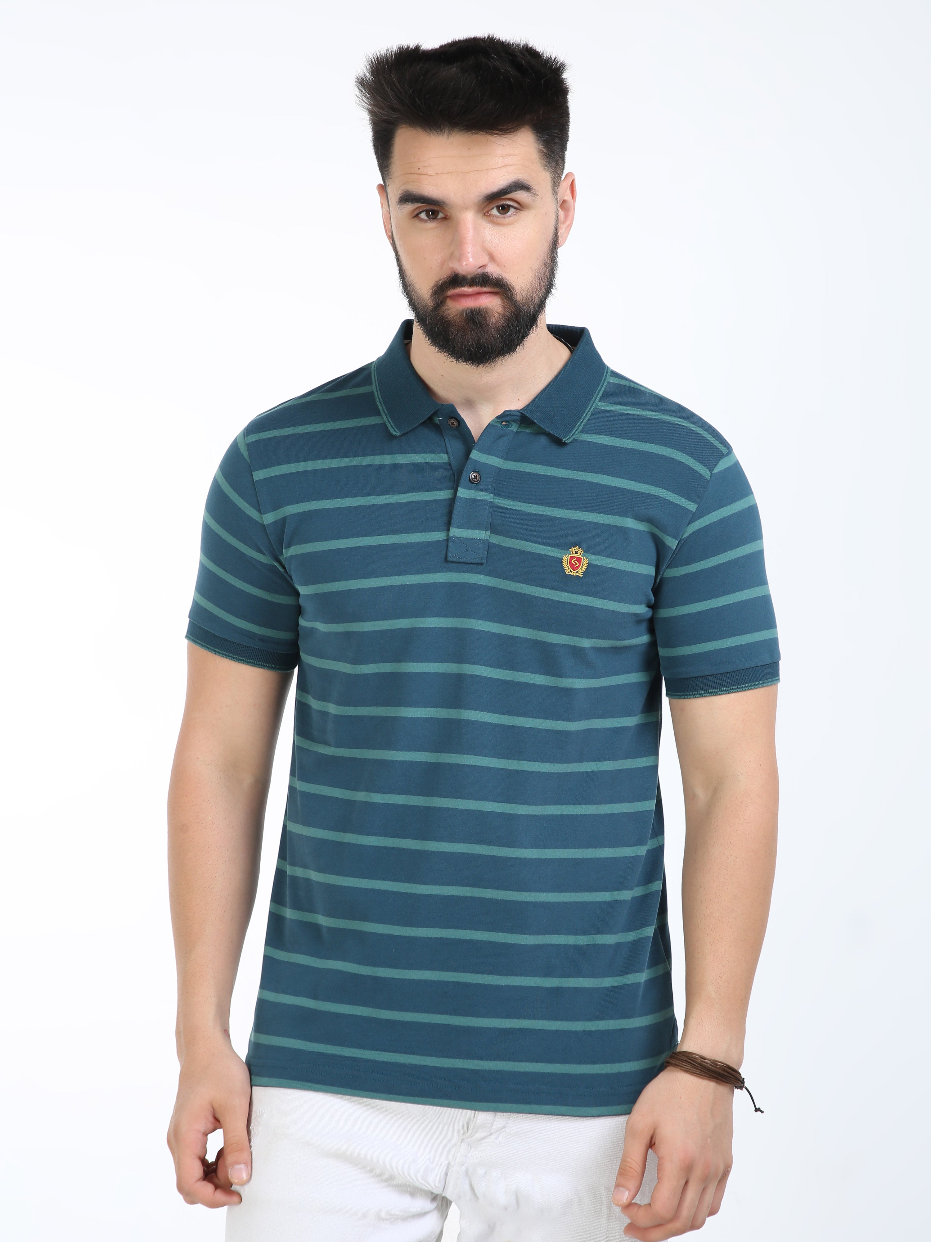 Classic Polo Mens Cotton Half Sleeves Striped Slim Fit Polo Neck Green Color T-Shirt | Cpeg - 310 A Sf P