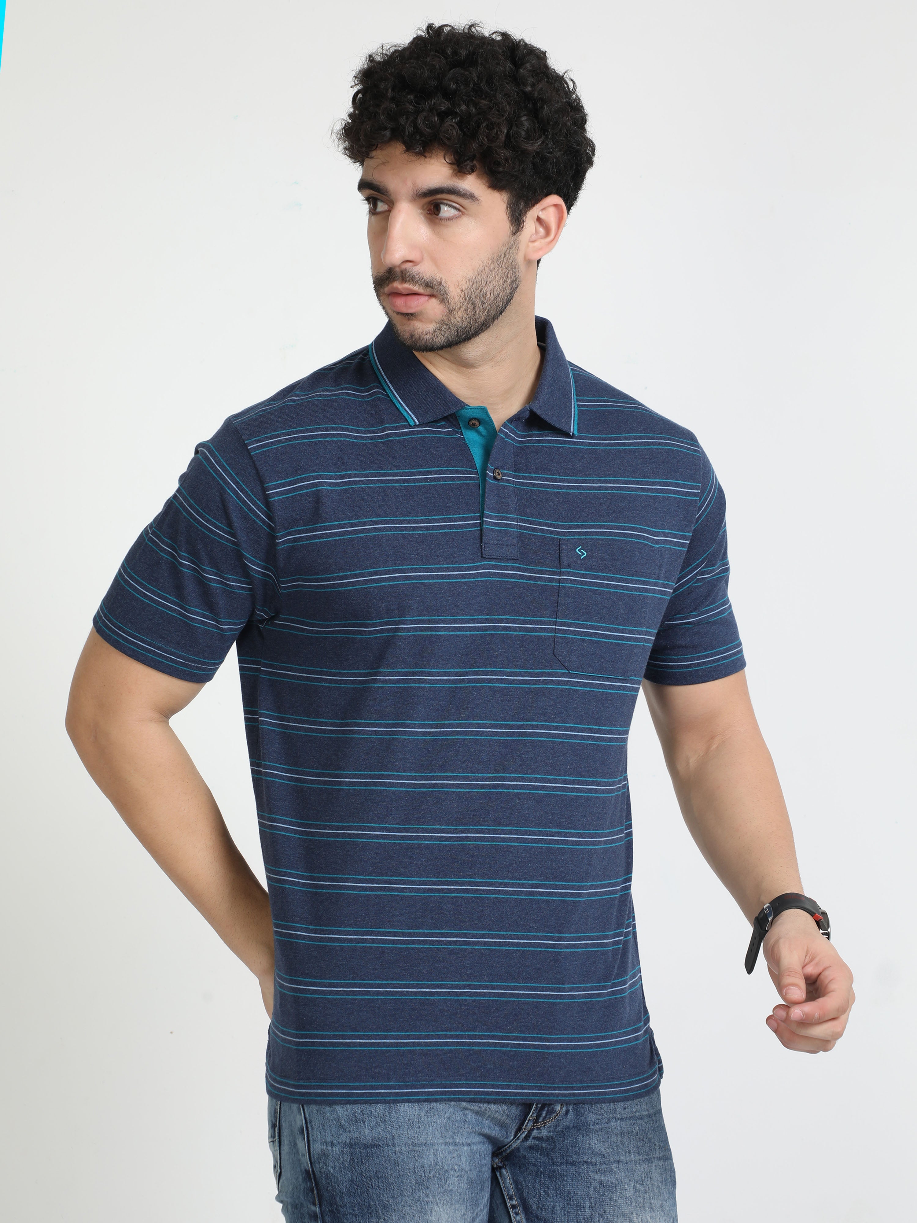 Classic Polo Mens Cotton Half Sleeves Striped Authentic Fit Polo Neck Blue Color T-Shirt | Mel - 237 A Af P