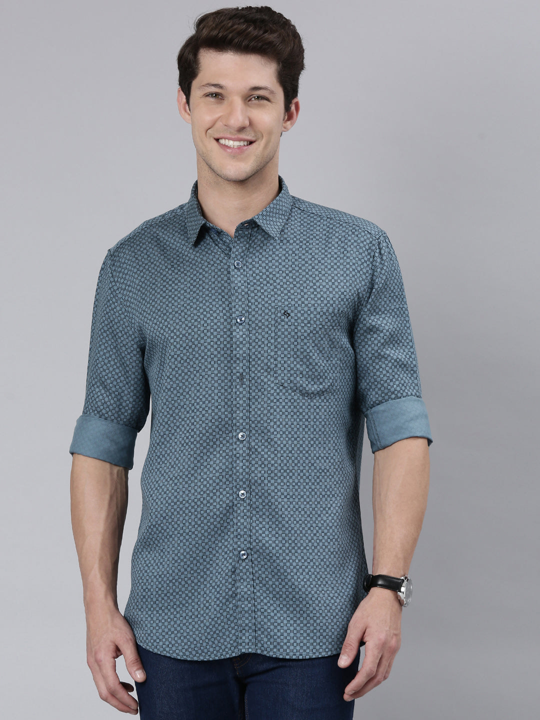Classic Polo Men's Full Sleeve Lt.Teal Polo Neck 100% Cotton Slim Fit Shirt | SP2-CL-69 A-FS-PRT-SF