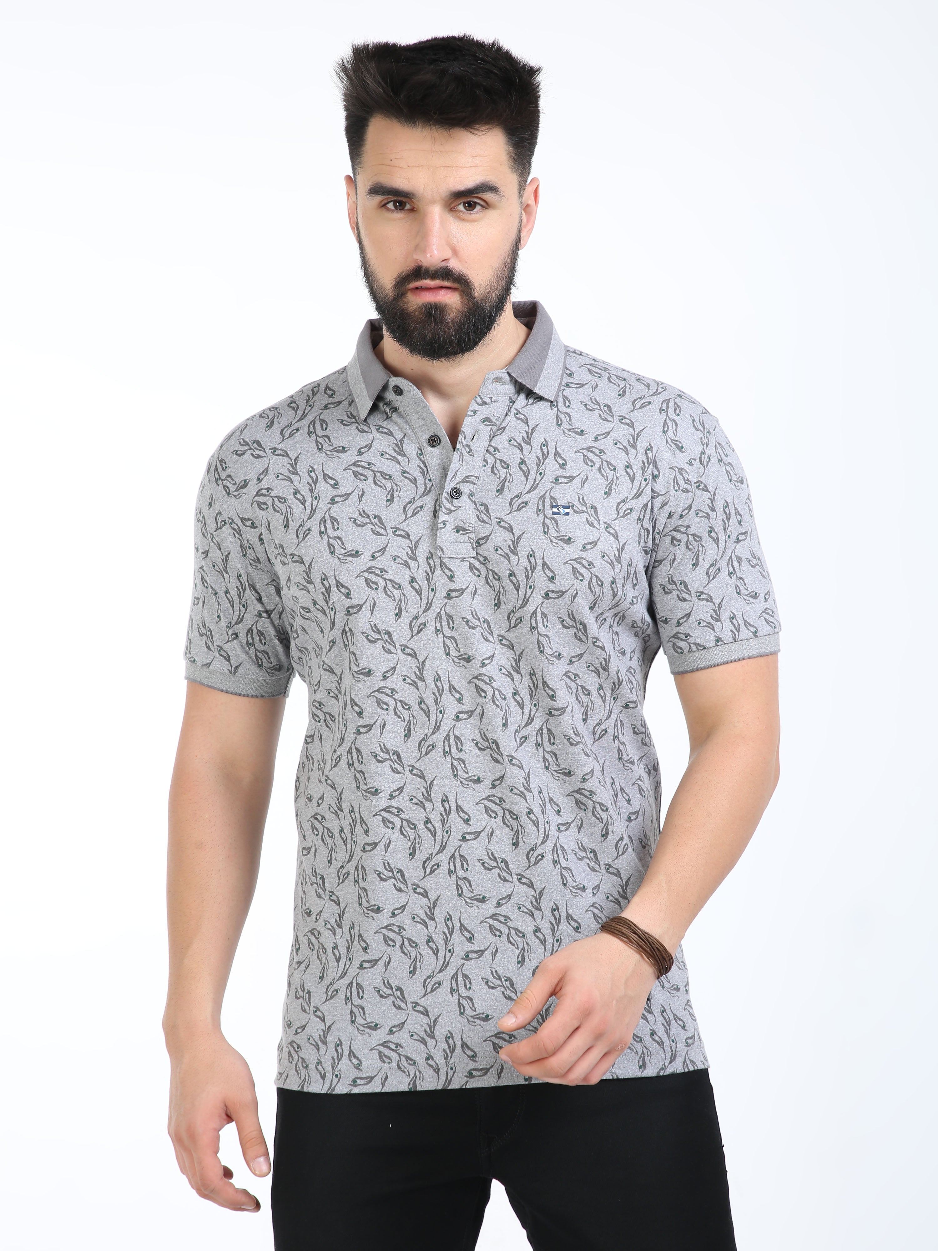Classic Polo Mens Cotton Half Sleeves Floral Slim Fit Polo Neck Grey Color T-Shirt | Prm - 792 B Sf P