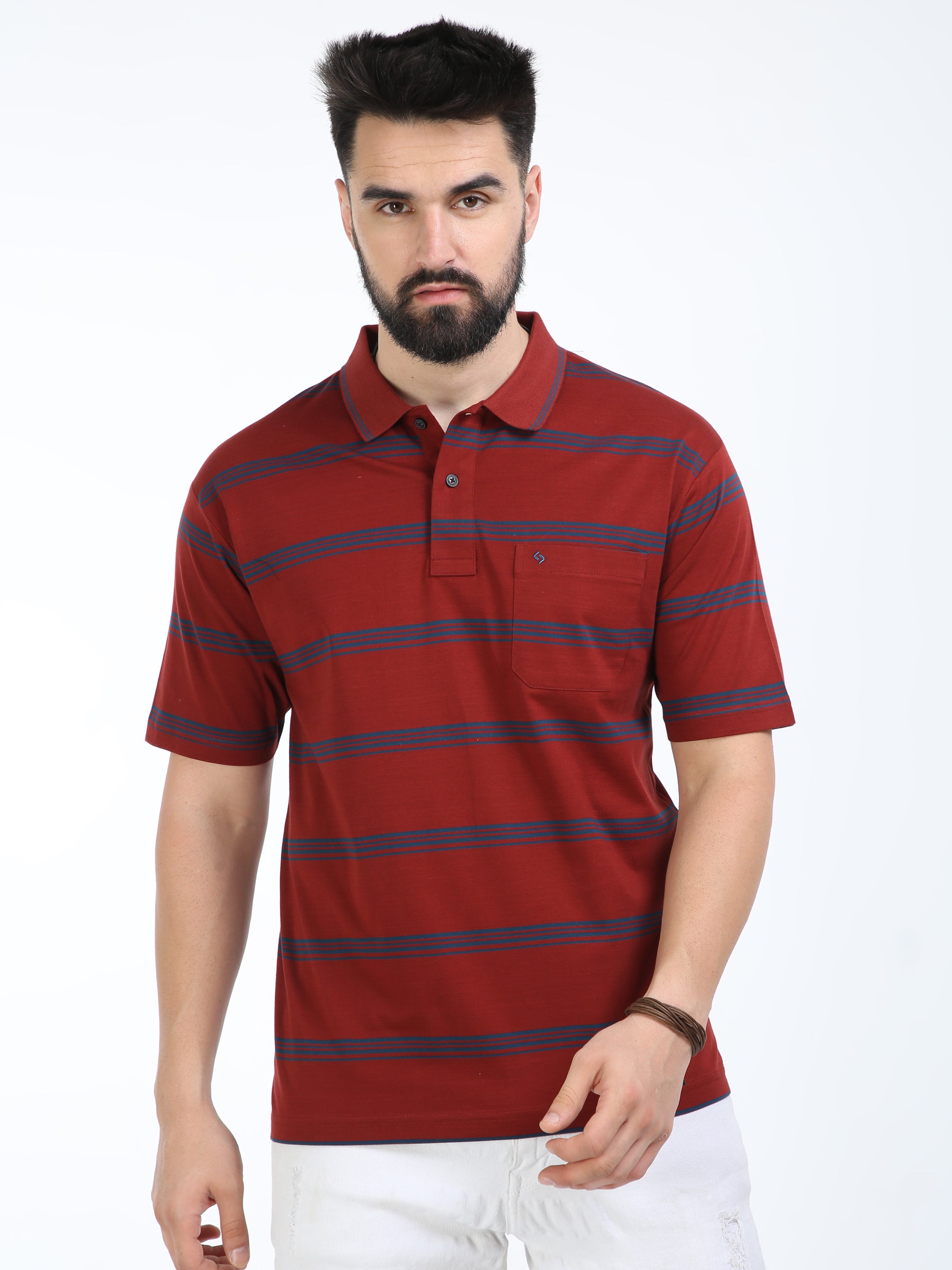 Classic Polo Mens Cotton Half Sleeves Striped Authentic Fit Polo Neck Brown Color T-Shirt | Ap - 103 B Af P