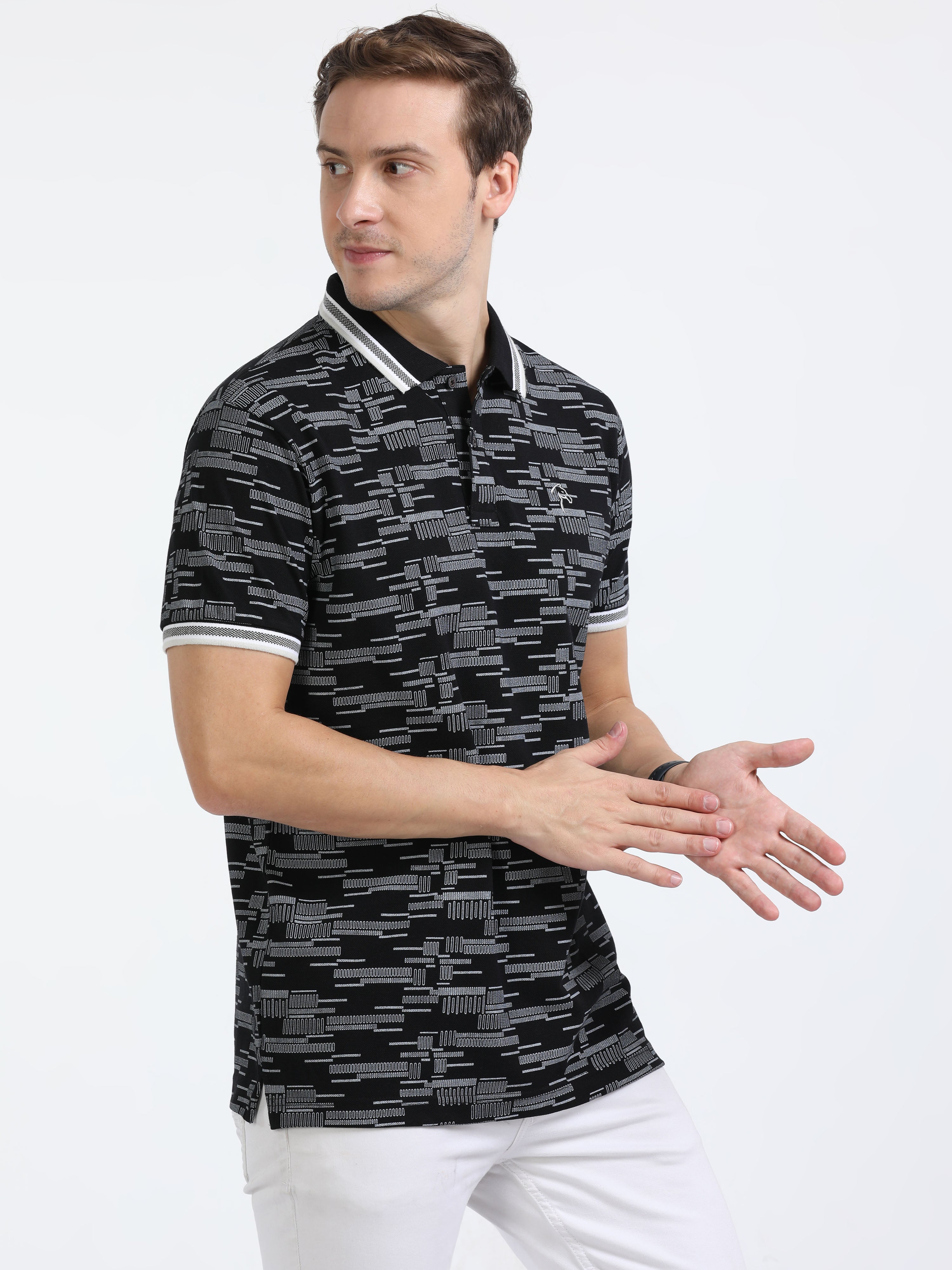 Classic Polo Mens Cotton Half Sleeves Floral Slim Fit Polo Neck Black Color T-Shirt | Brp - 386 A Sf P