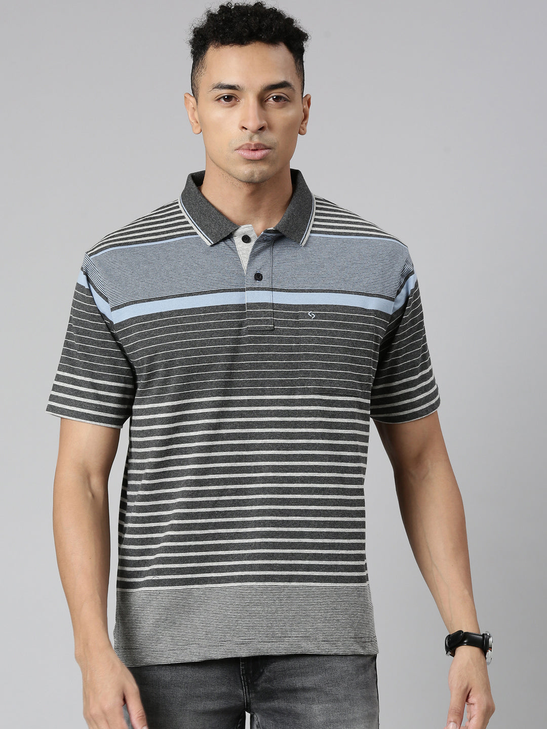 Classic Polo Men's Polo Neck Cotton Navy/Grey Authentic Fit Striped T-Shirt | MEL-252 B AF P
