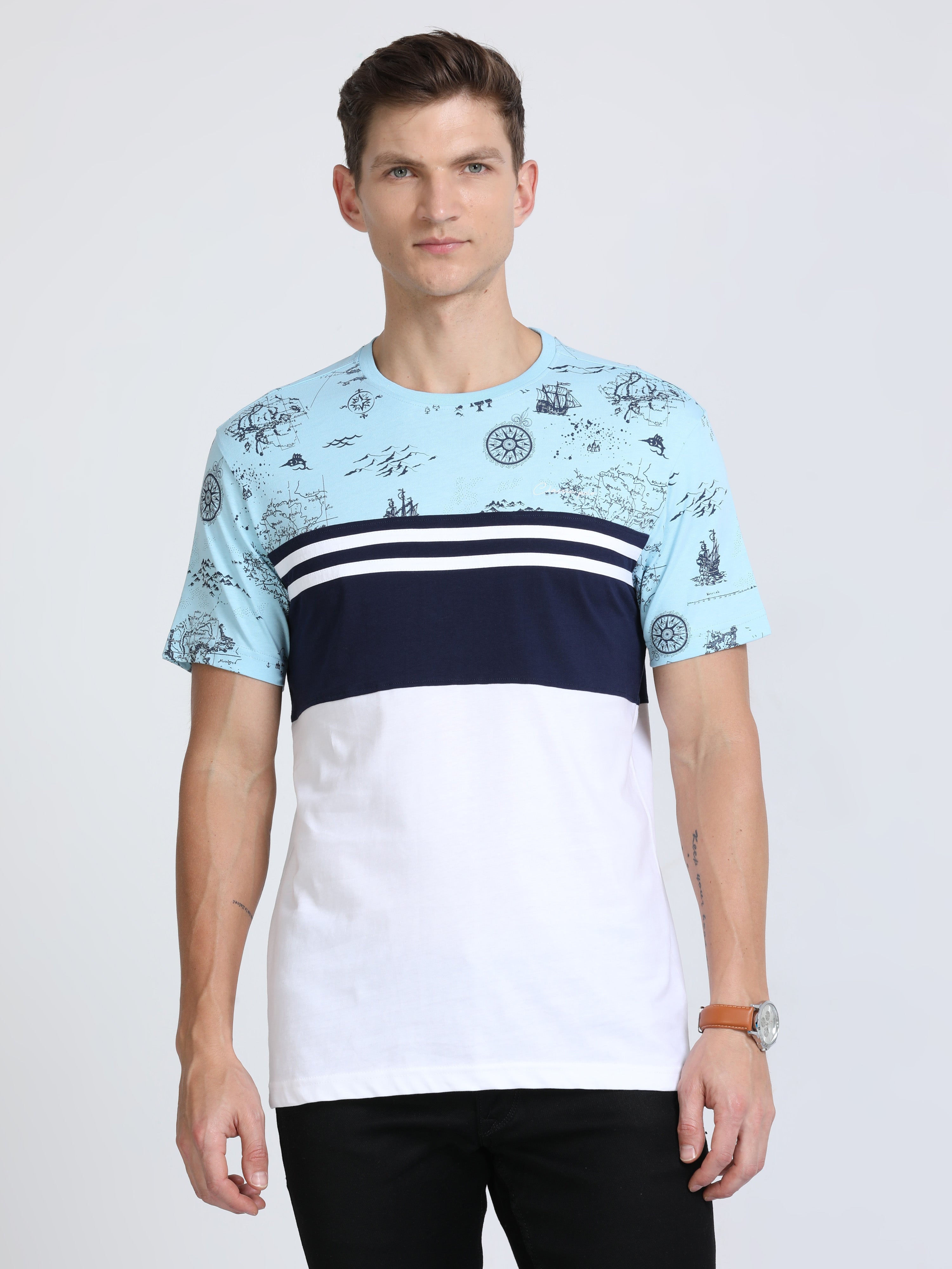Classic Polo Mens Cotton Half Sleeves Color Blocked Slim Fit Crew Neck White Color T-Shirt | Baleno - 559 A Sf C