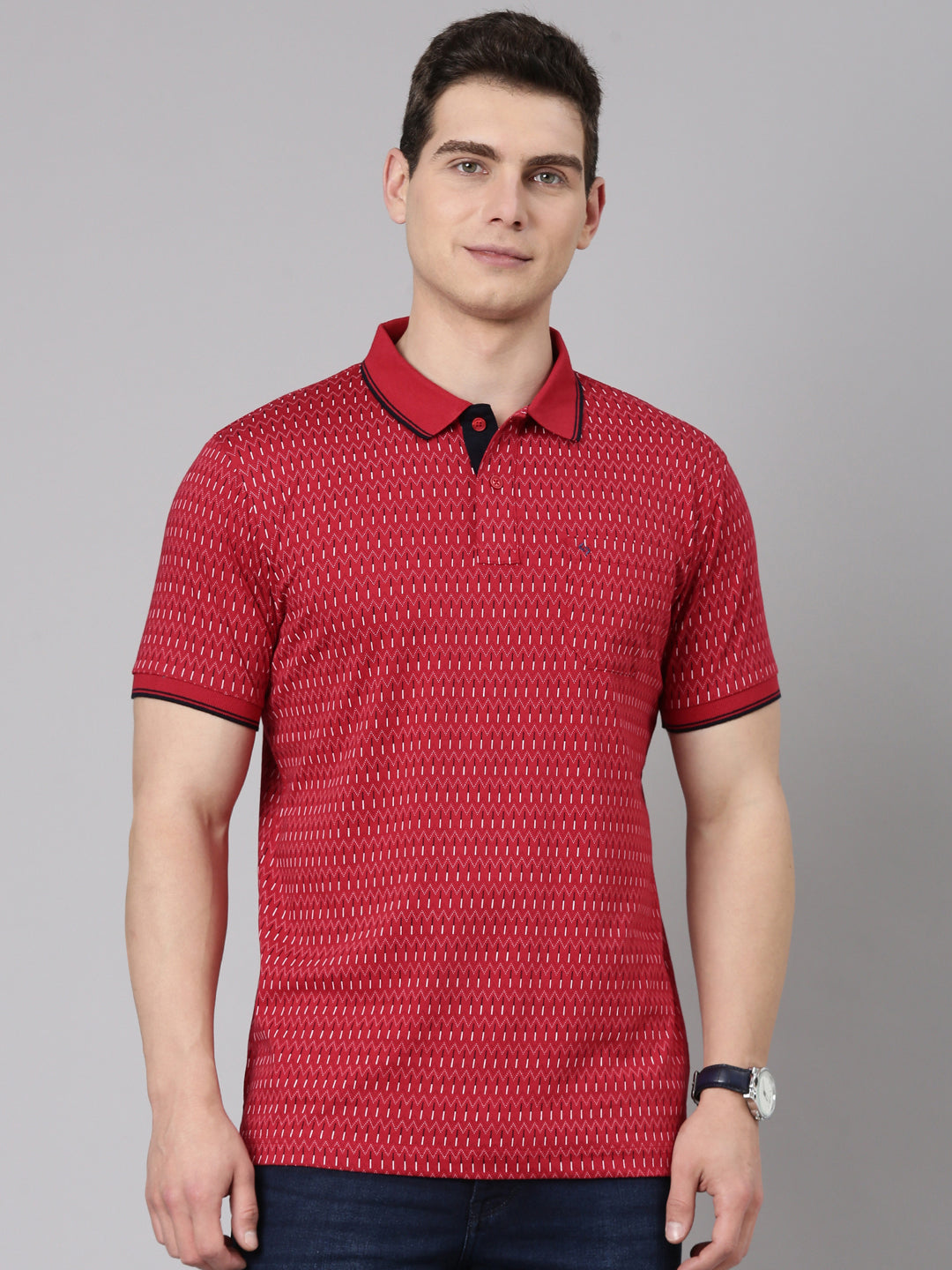 Classic Polo Men's Half Sleeve Red Polo Neck Slim Fit All Over Print Cotton T-Shirt | BELLO - 348 A SF P