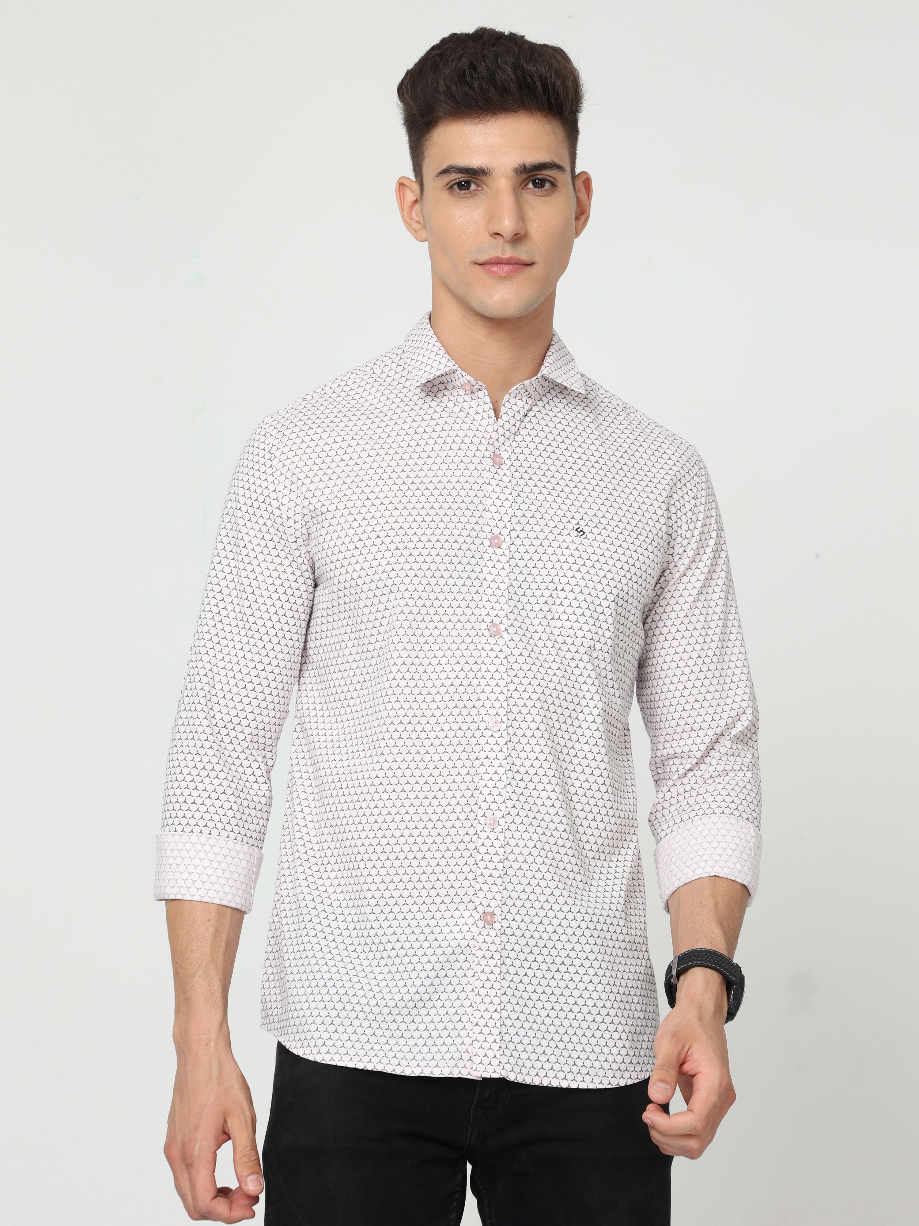 Classic Polo Men's Cotton Full Sleeve Printed Slim Fit Polo Neck Pink Color Woven Shirt | So1-147 A