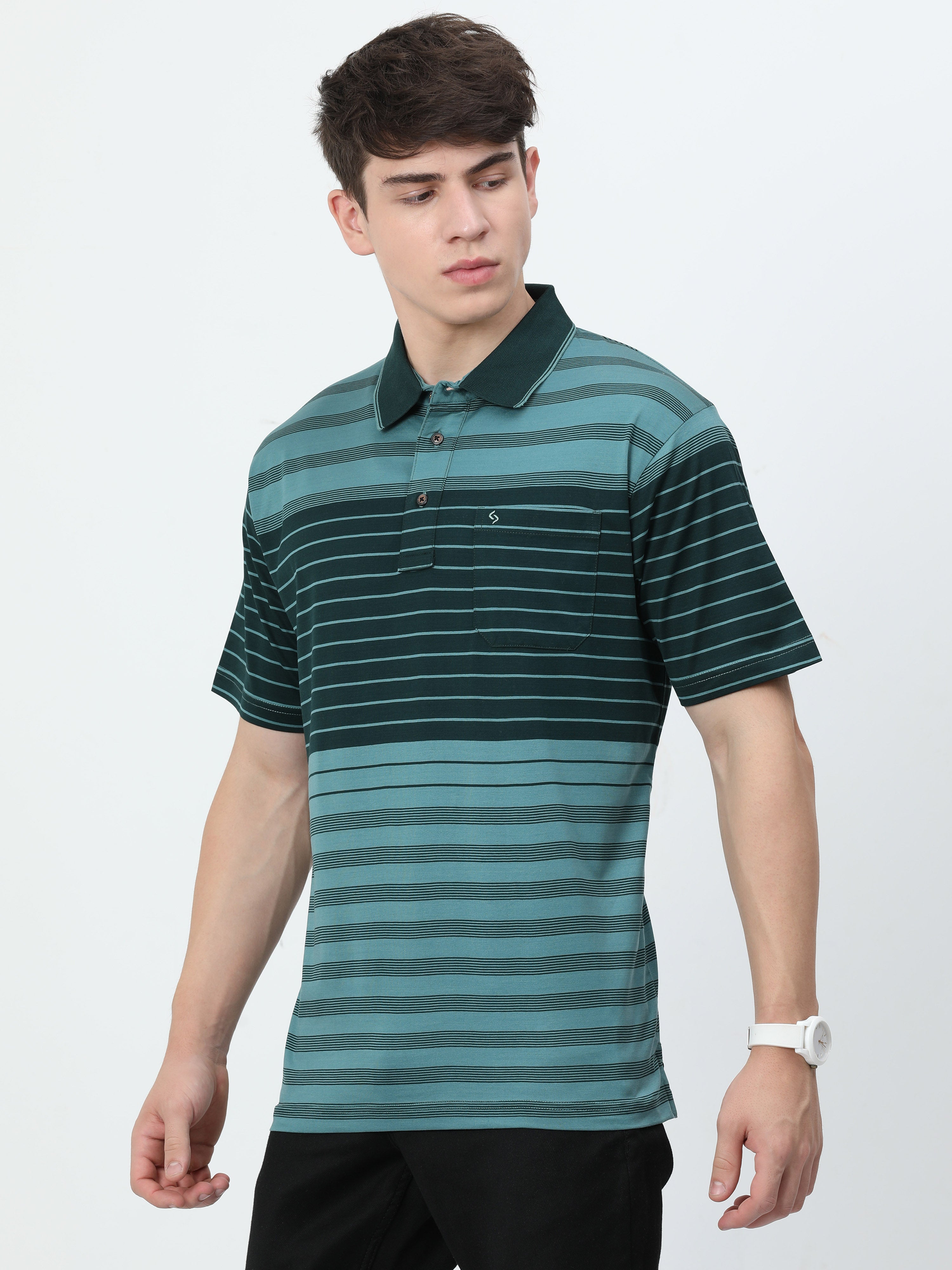 Classic Polo Mens Cotton Half Sleeves Striped Authentic Fit Polo Neck Dark Green Color T-Shirt | Ultimo - 335 B Af P