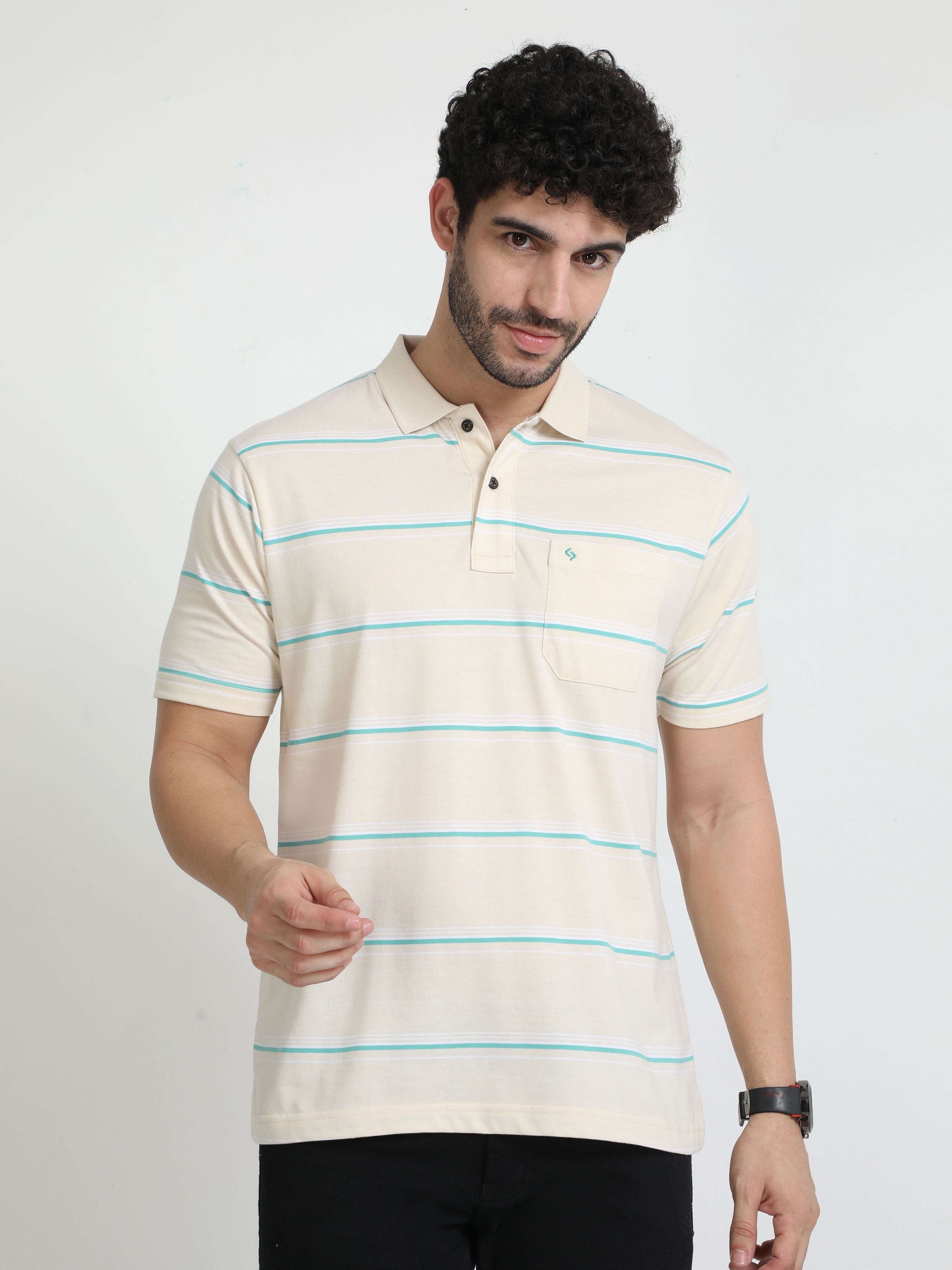 Classic Polo Mens Cotton Half Sleeves Striped Authentic Fit Polo Neck Cream Color T-Shirt | Avon - 538 A Af P