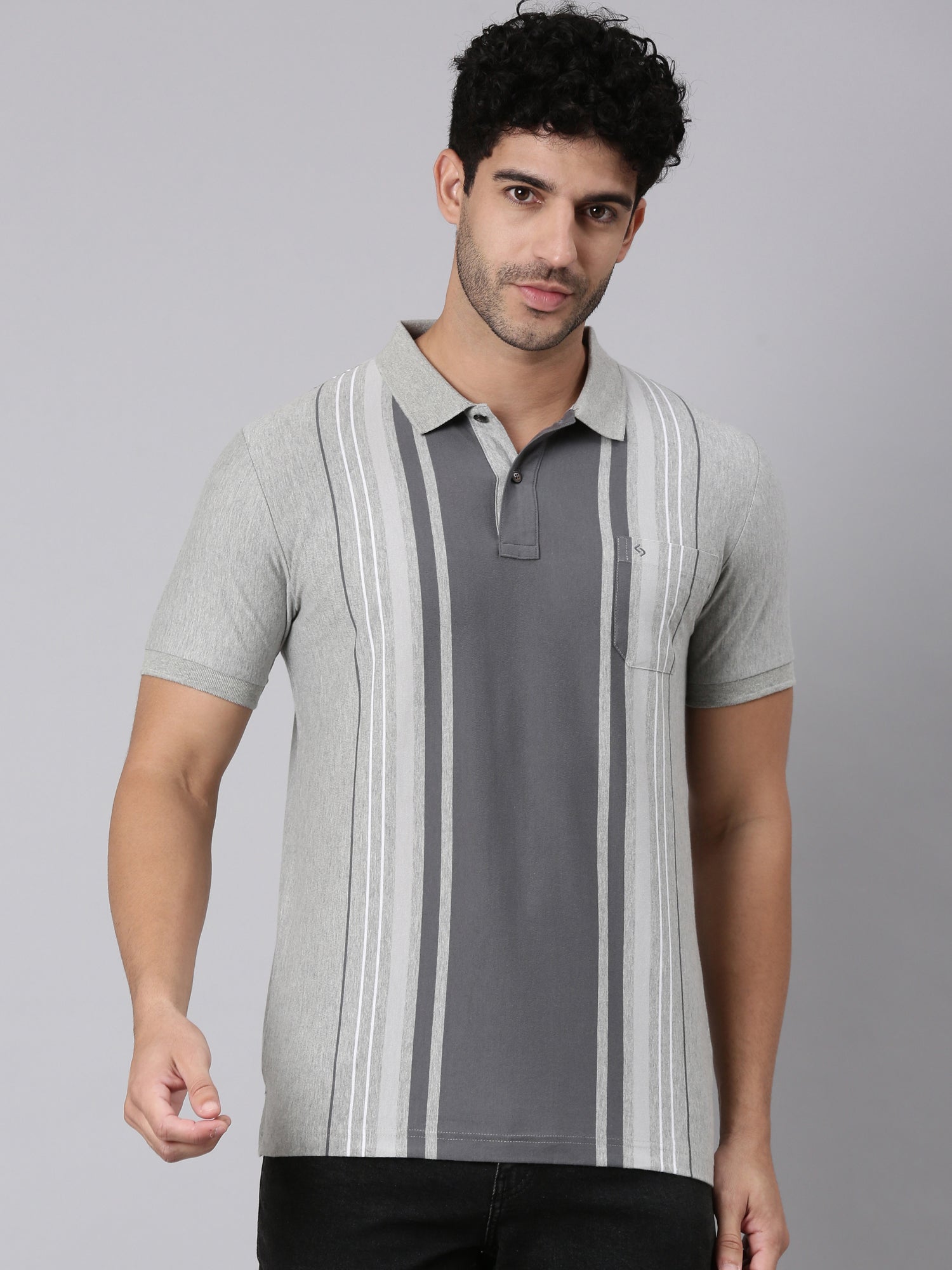 Classic Polo Men's Half Sleeve Grey Polo Neck Slim Fit Striped Cotton Blend T-Shirt | VERTICS - 124 A SF P