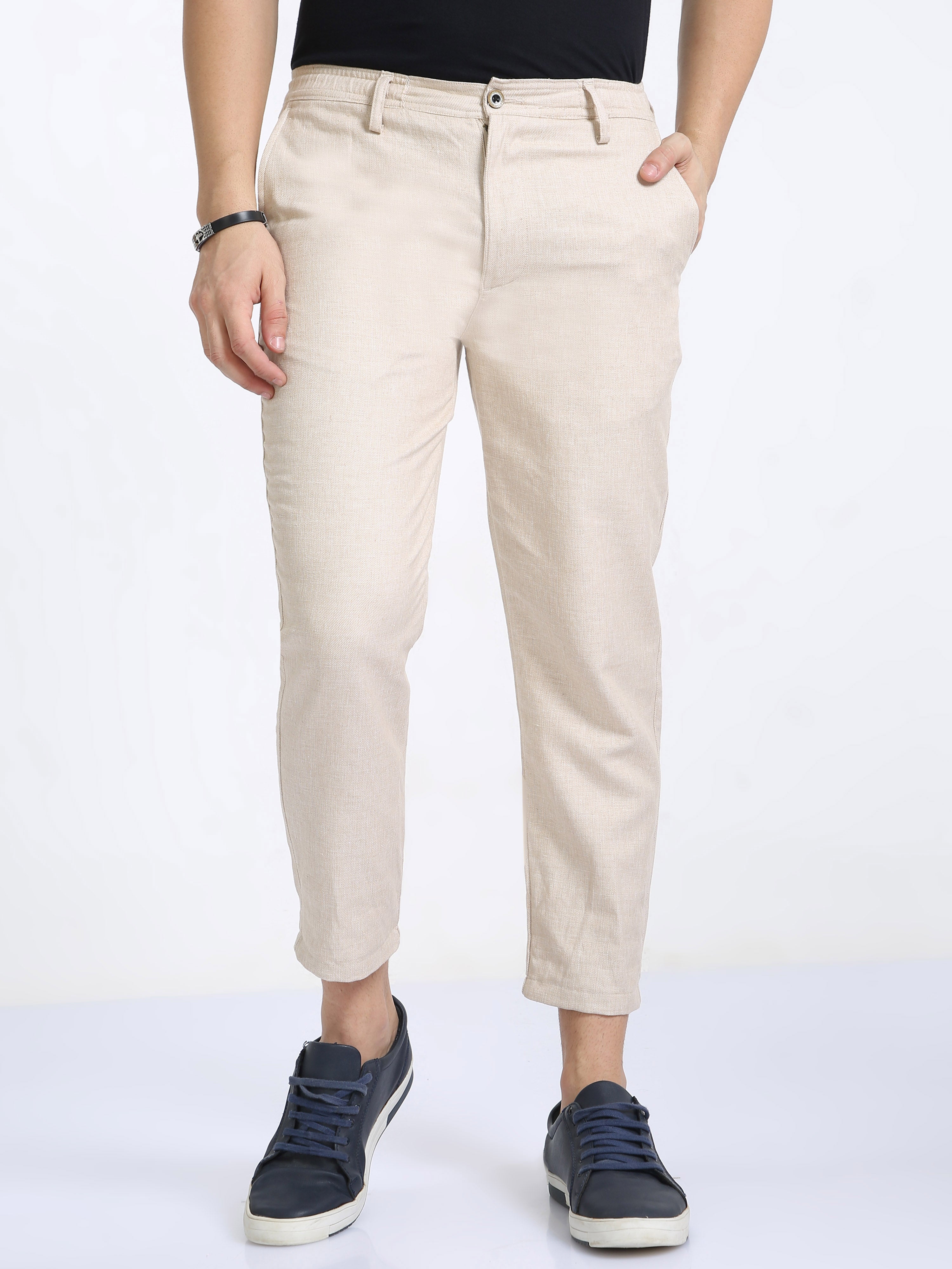 Classic Polo Mens Ankle Fit Solid Cream Melange Color Trousers | To2-28 C-Lgry-Al-Ly