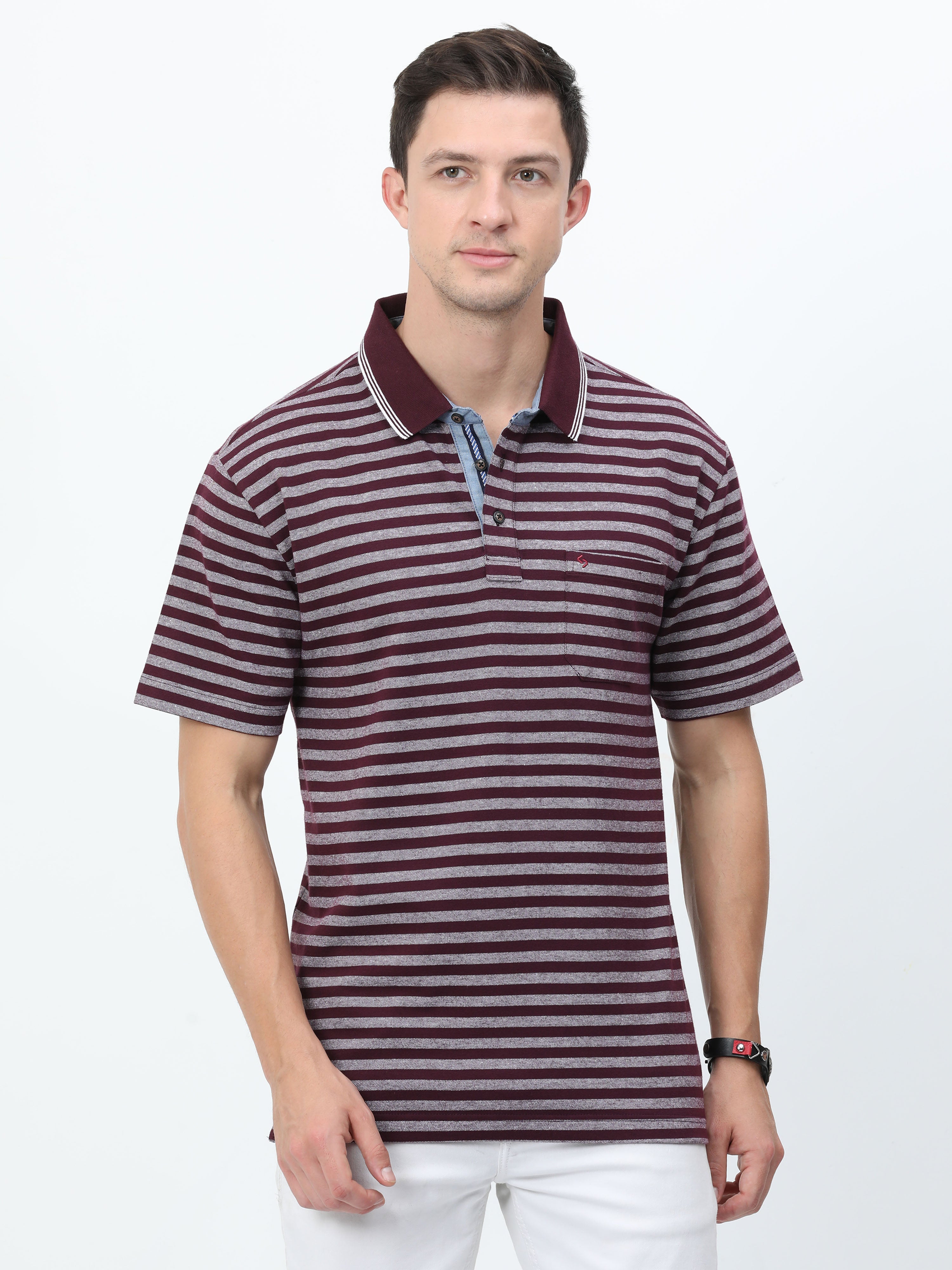 Classic Polo Mens Cotton Half Sleeves Striped Authentic Fit Polo Neck Maroon Color T-Shirt | Rare - 09 B Af P