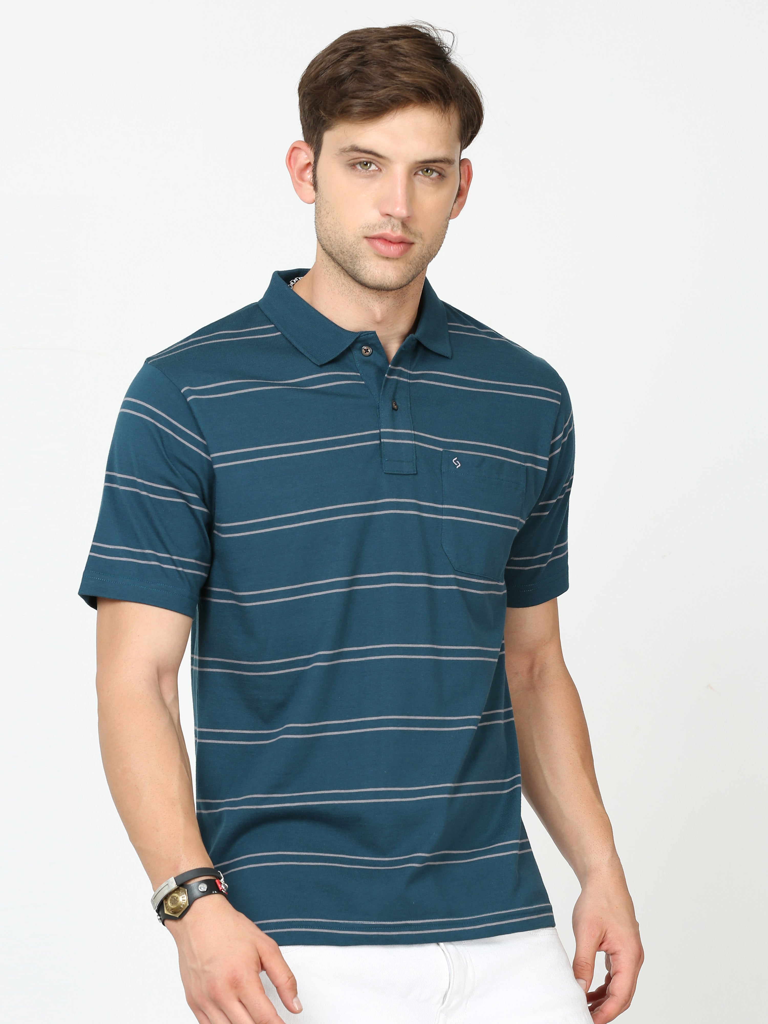 Classic Polo Mens Cotton Half Sleeves Striped Authentic Fit Polo Neck Dark Grey Color T-Shirt | Avon - 545 B Af P