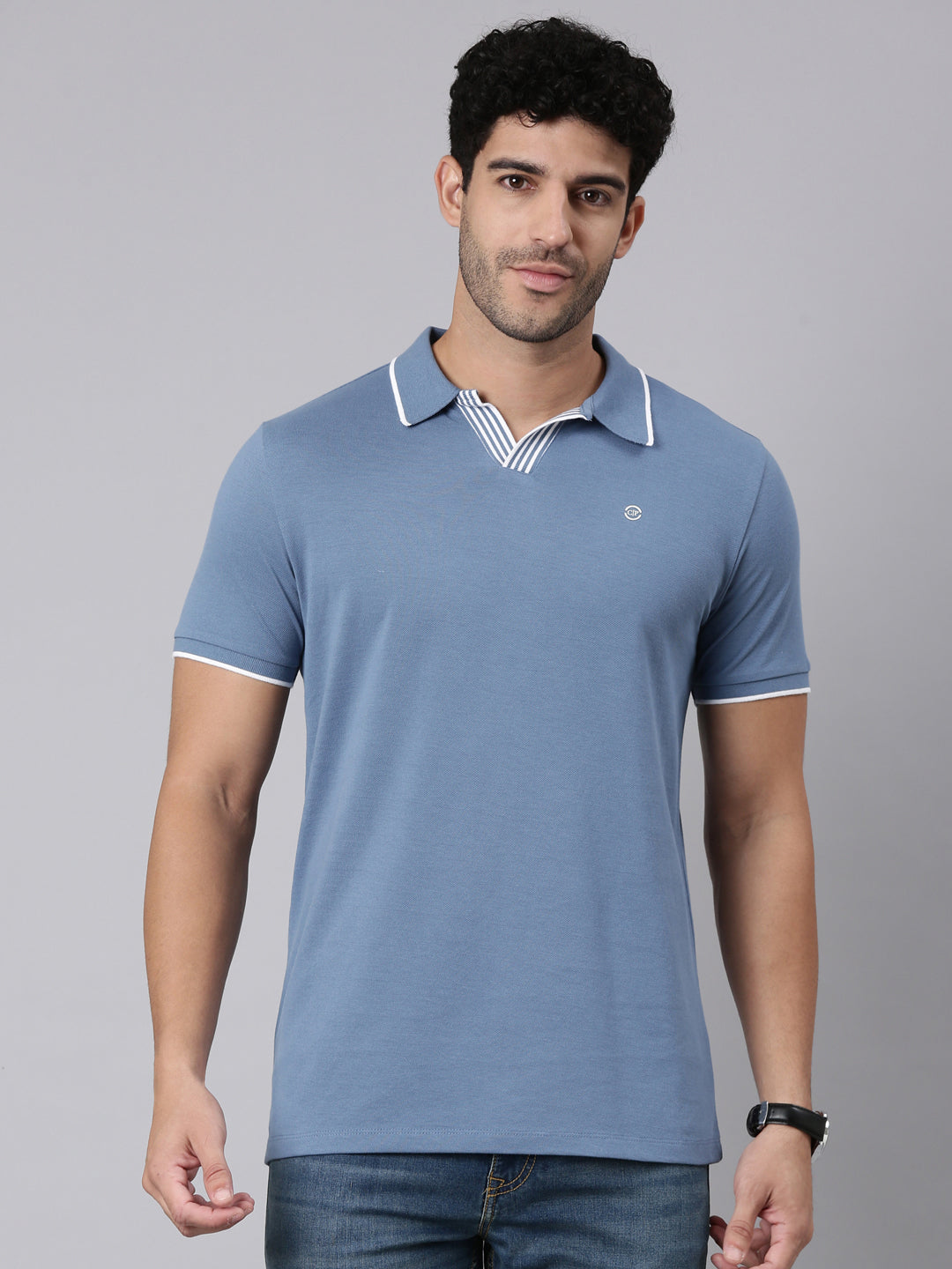 Classic Polo Men's Half Sleeve Steel Blue Polo Neck Slim Fit Solid Cotton Blend T-Shirt | RAVE POLO - 01 A SF P