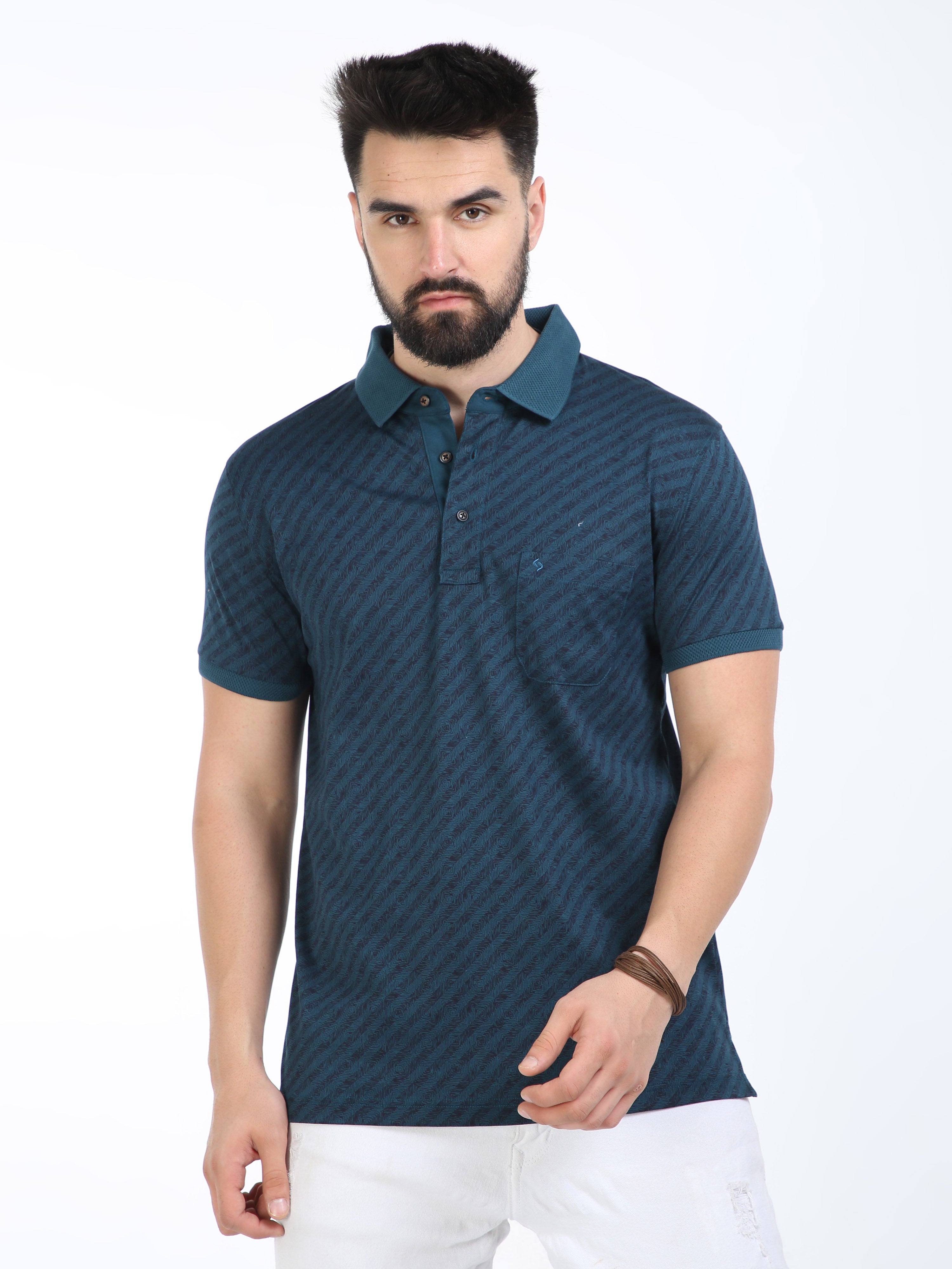 Classic Polo Mens Cotton Half Sleeves Striped Slim Fit Polo Neck Blue Color T-Shirt | Scant - 34 A Sf P