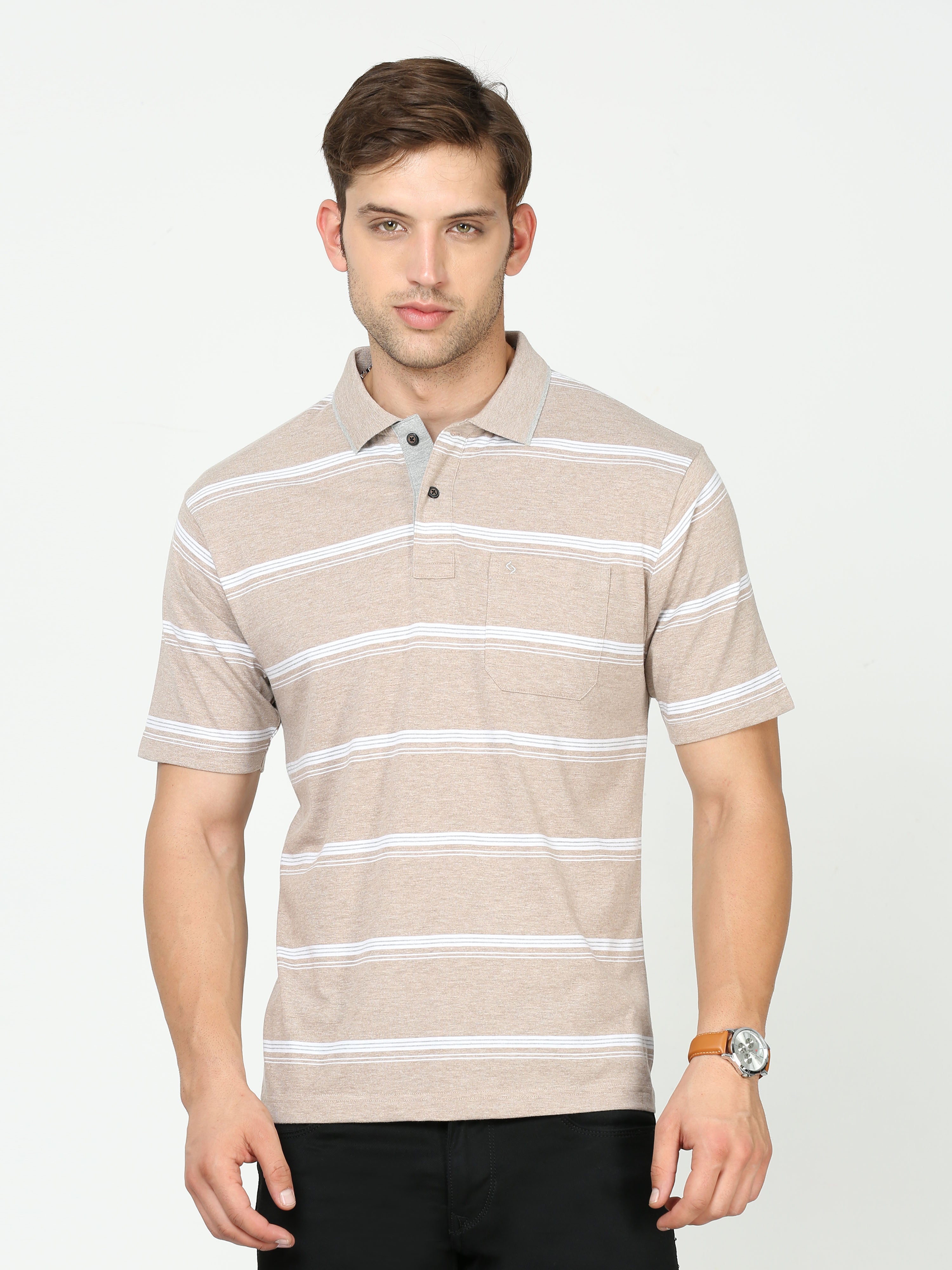 Classic Polo Mens Cotton Half Sleeves Striped Authentic Fit Polo Neck Cream Color T-Shirt | Mel - 238 A Af P