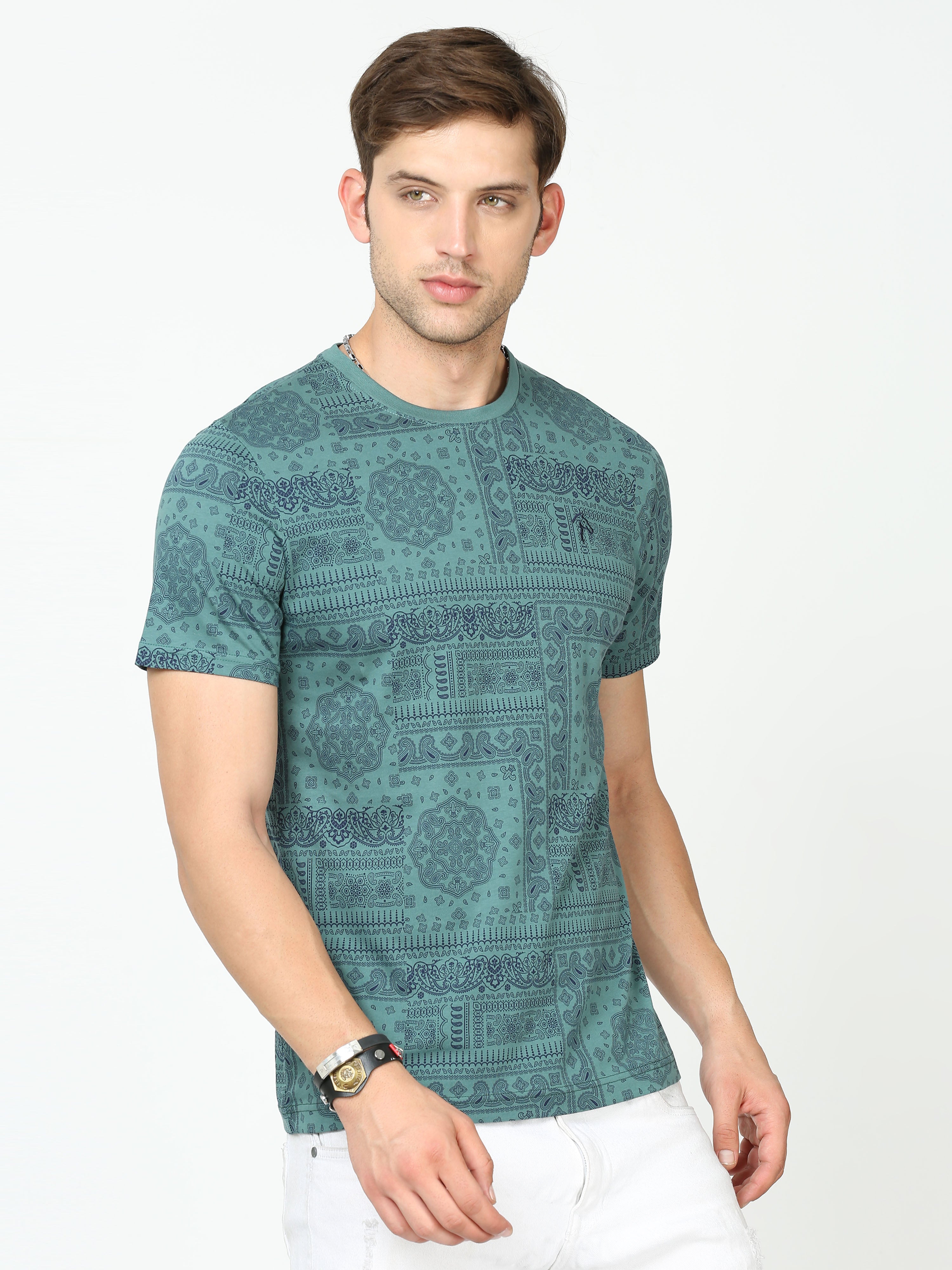 Classic Polo Mens Cotton Half Sleeves Floral Slim Fit Crew Neck Green Color T-Shirt | Brcn - 554 B Sf C