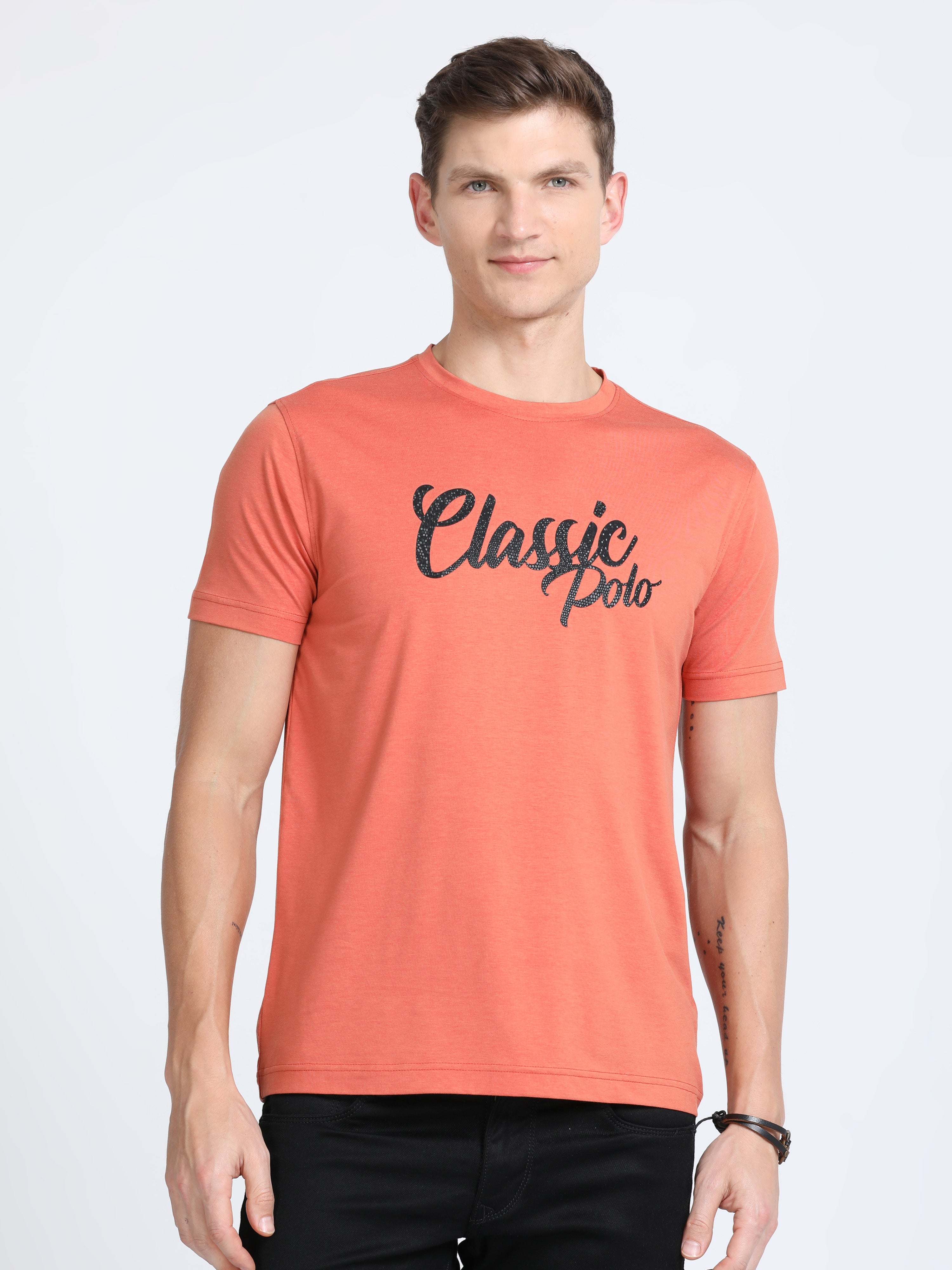 Classic Polo Mens Cotton Half Sleeves Printed Slim Fit Crew Neck Orange Color T-Shirt | Baleno - 570 Sf C