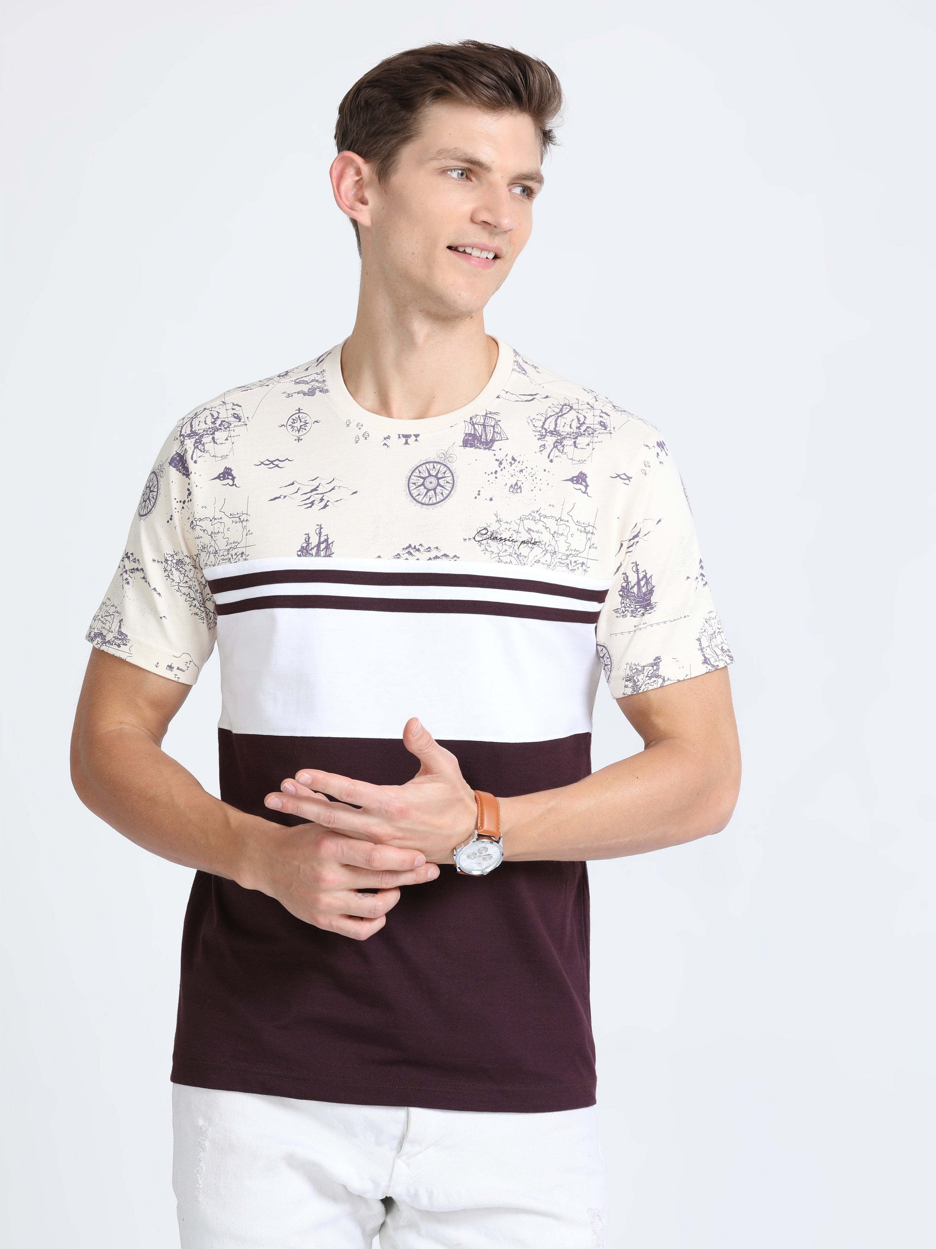 Classic Polo Mens Cotton Half Sleeves Color Blocked Slim Fit Crew Neck Purple Color T-Shirt | Baleno - 559 B Sf C