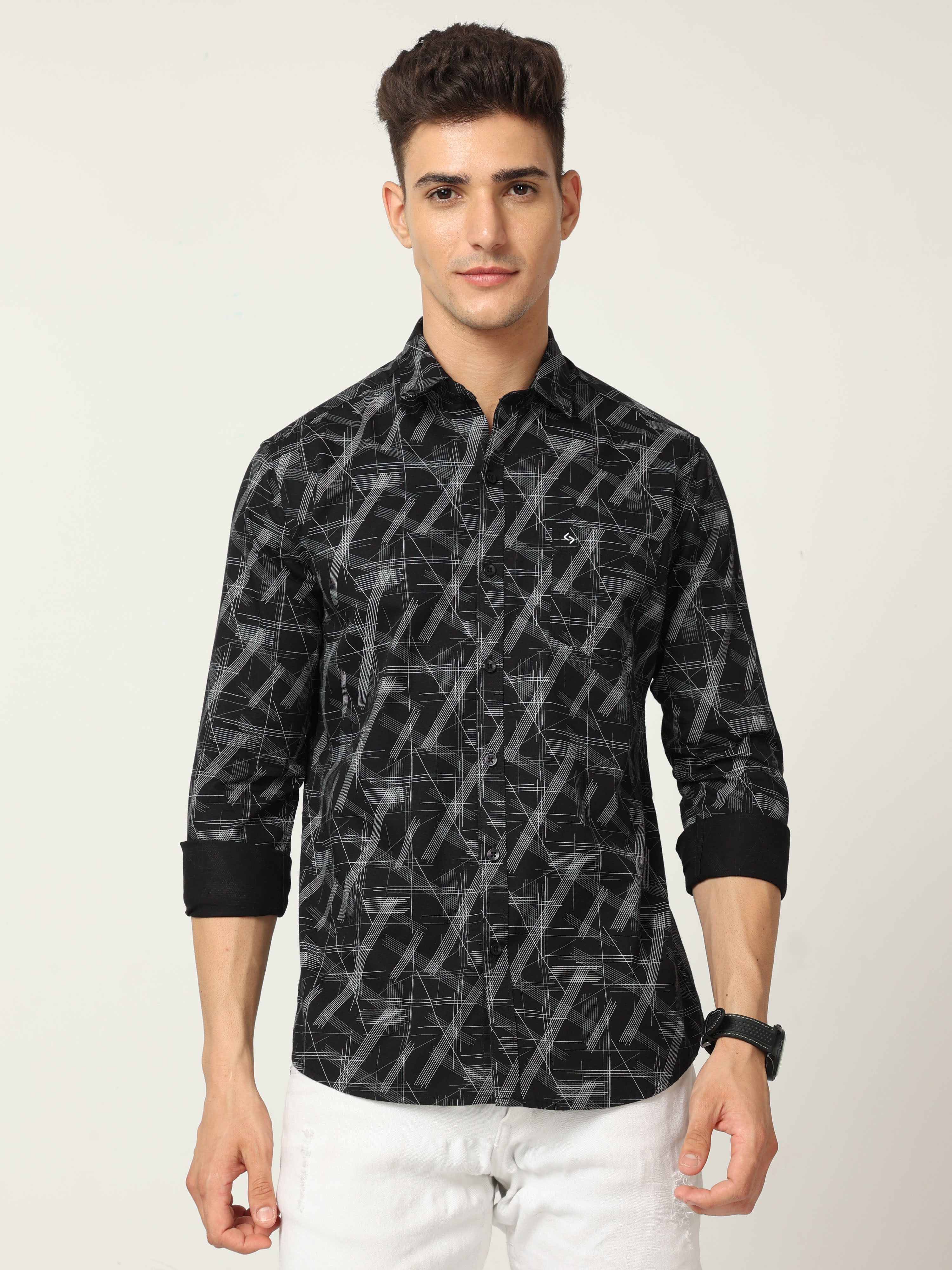 Classic Polo Men's Cotton Full Sleeve Printed Slim Fit Polo Neck Black Color Woven Shirt | So1-10 B
