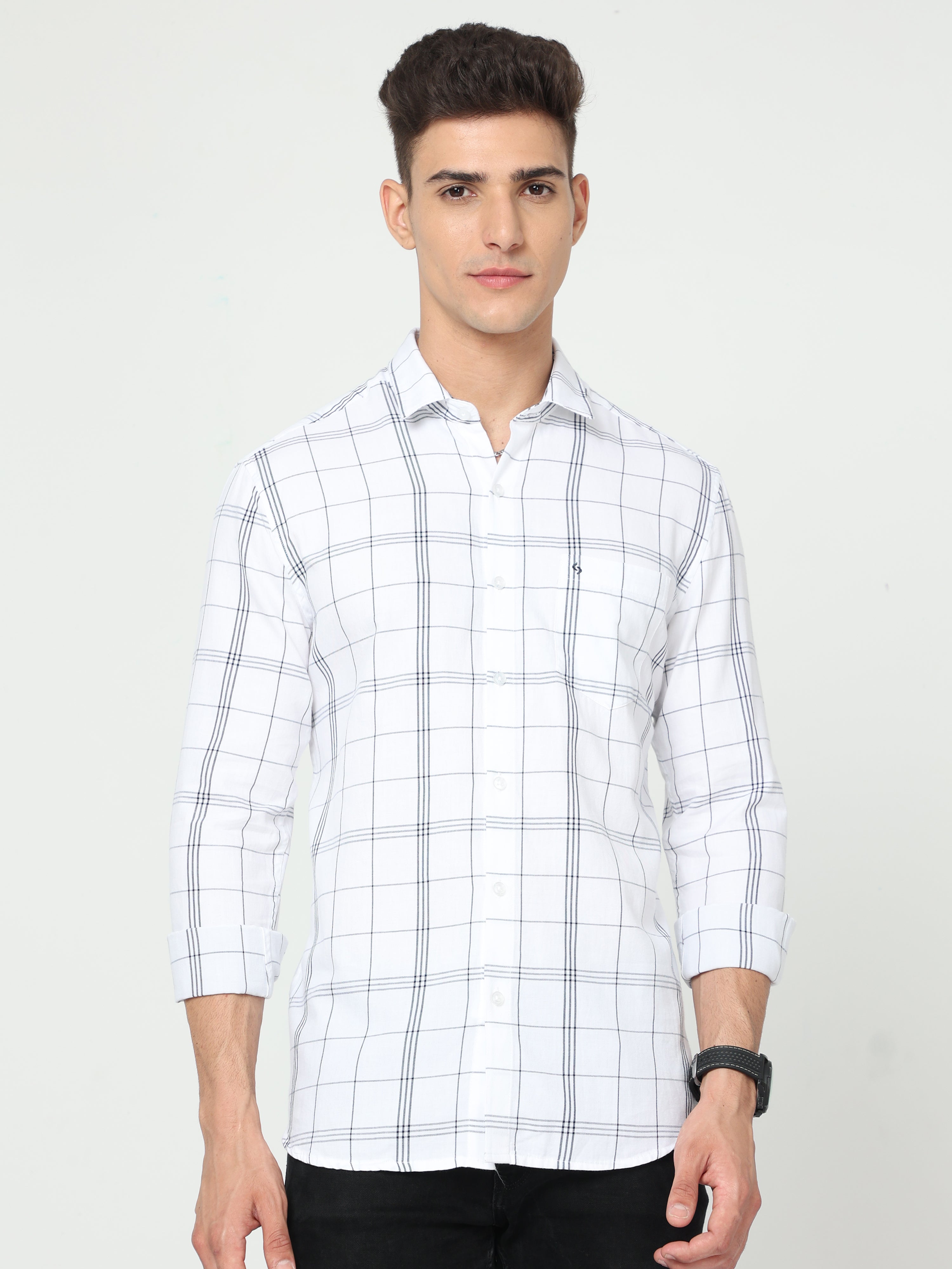 Classic Polo Men's Cotton Full Sleeve Checked Slim Fit Polo Neck White Color Woven Shirt | So1-92 A