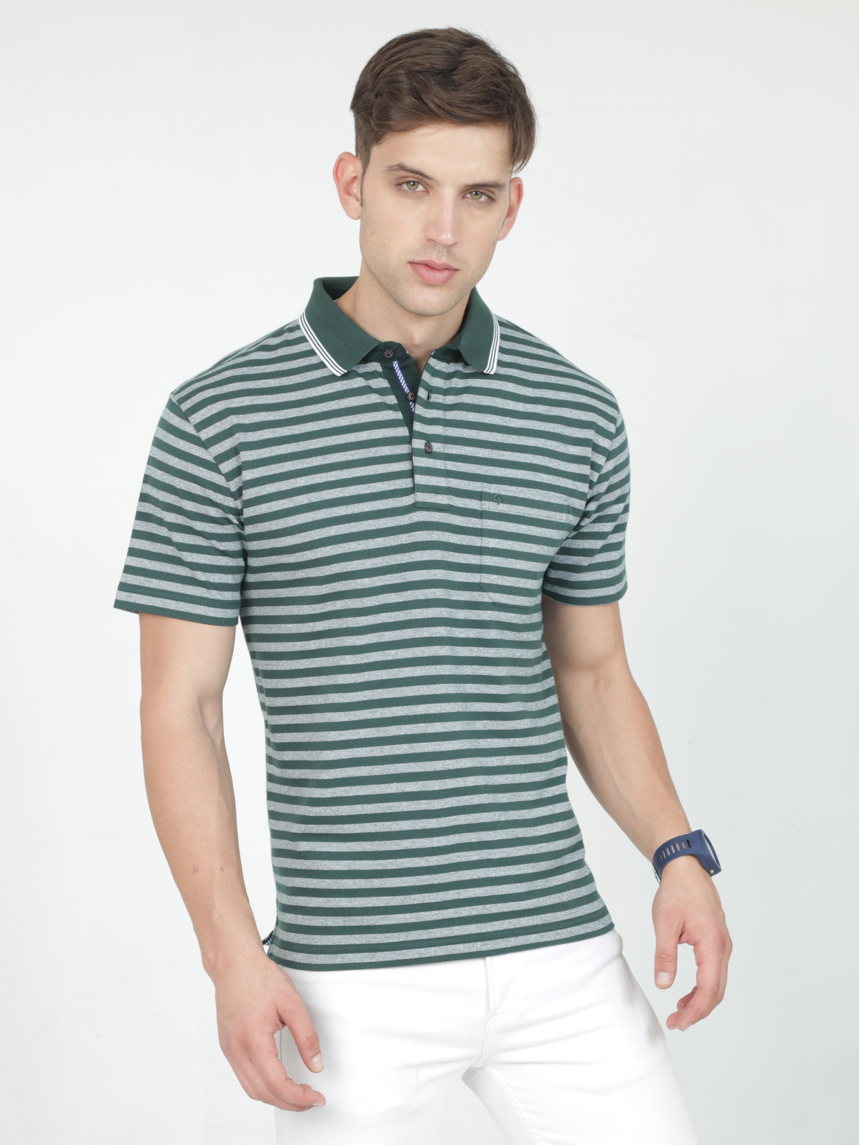Classic Polo Mens Cotton Half Sleeves Striped Authentic Fit Polo Neck Green Color T-Shirt | Rare - 09 A Af P