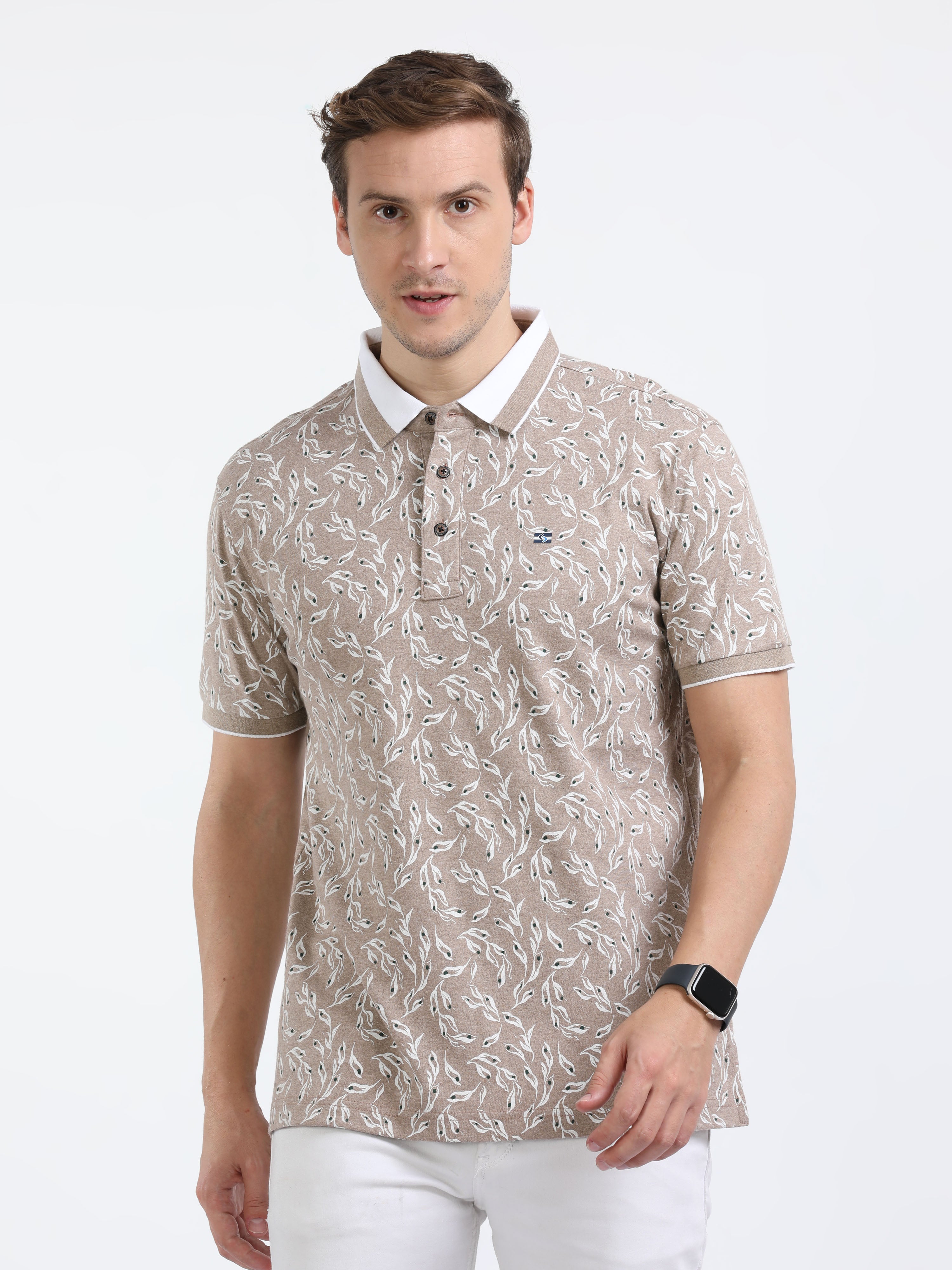 Classic Polo Mens Cotton Half Sleeves Floral Slim Fit Polo Neck Cream Color T-Shirt | Prm - 792 A Sf P