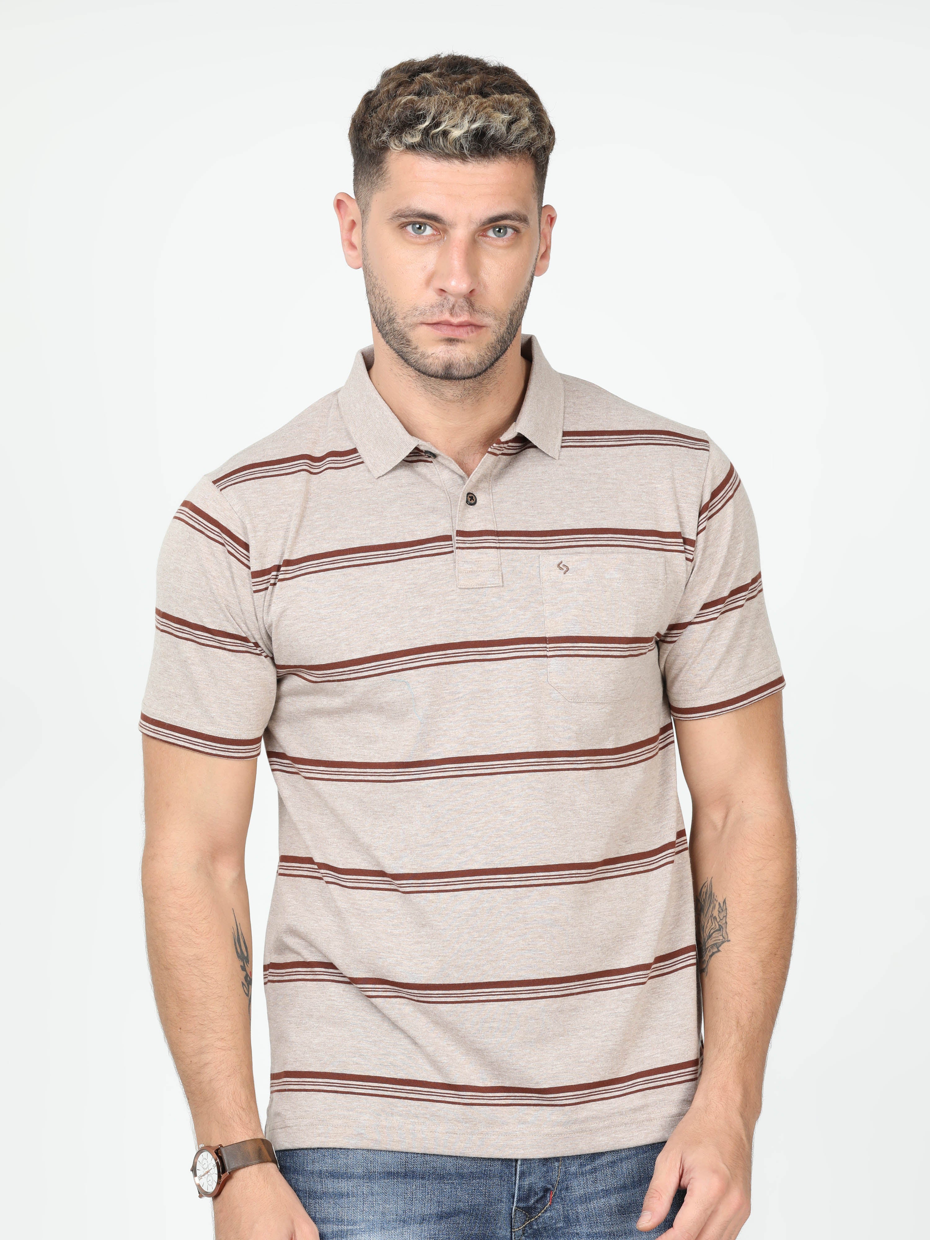 Classic Polo Mens Cotton Blended Half Sleeve Striped Authentic Fit Polo Neck Brown Color T Shirt | F-Avon - 108 B
