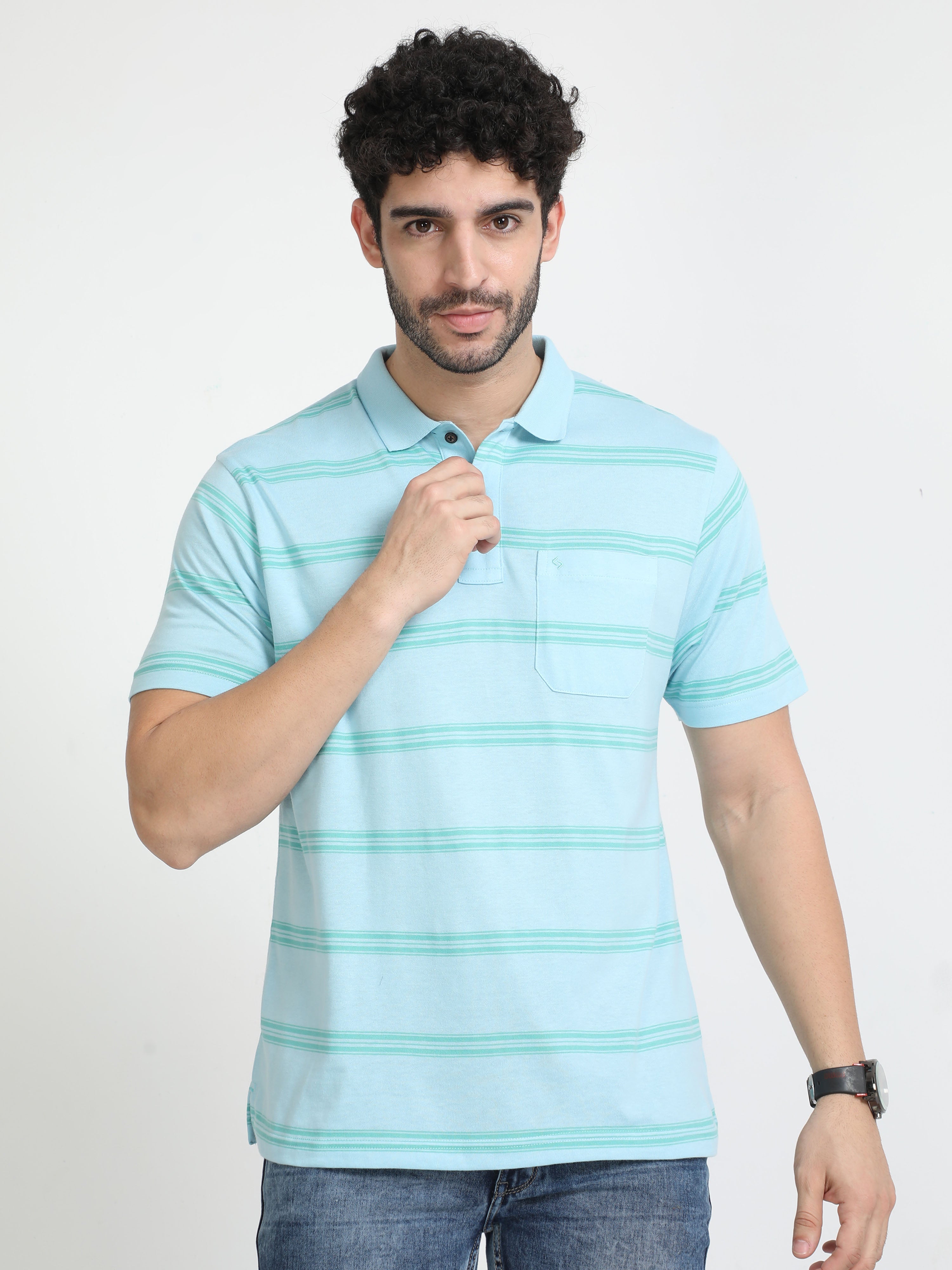 Classic Polo Mens Cotton Half Sleeves Striped Authentic Fit Polo Neck Aqua Color T-Shirt | Avon - 536 B Af P