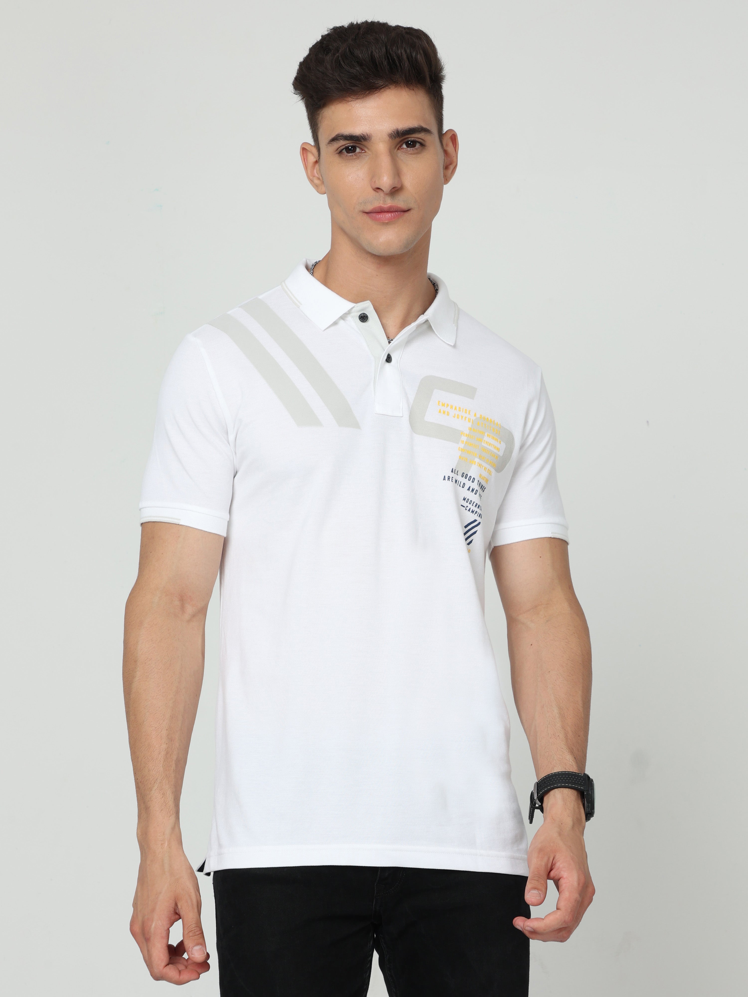Classic Polo Mens Pure Cotton Half Sleeve Printed Slim Fit Polo Neck White Color T Shirt | Vivid Polo - 02 A
