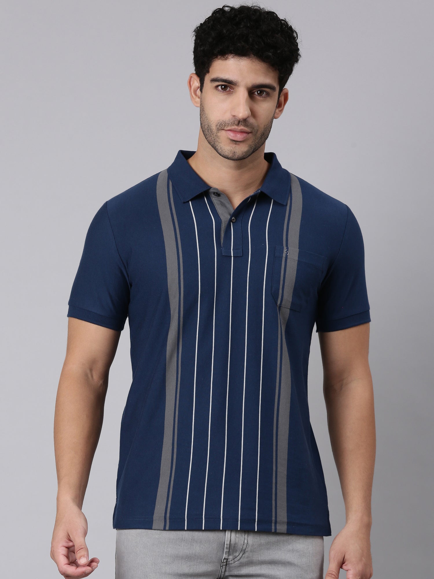 Classic Polo Men's Half Sleeve Navy Blue Polo Neck Slim Fit Striped Cotton Blend T-Shirt | VERTICS - 125 B SF P