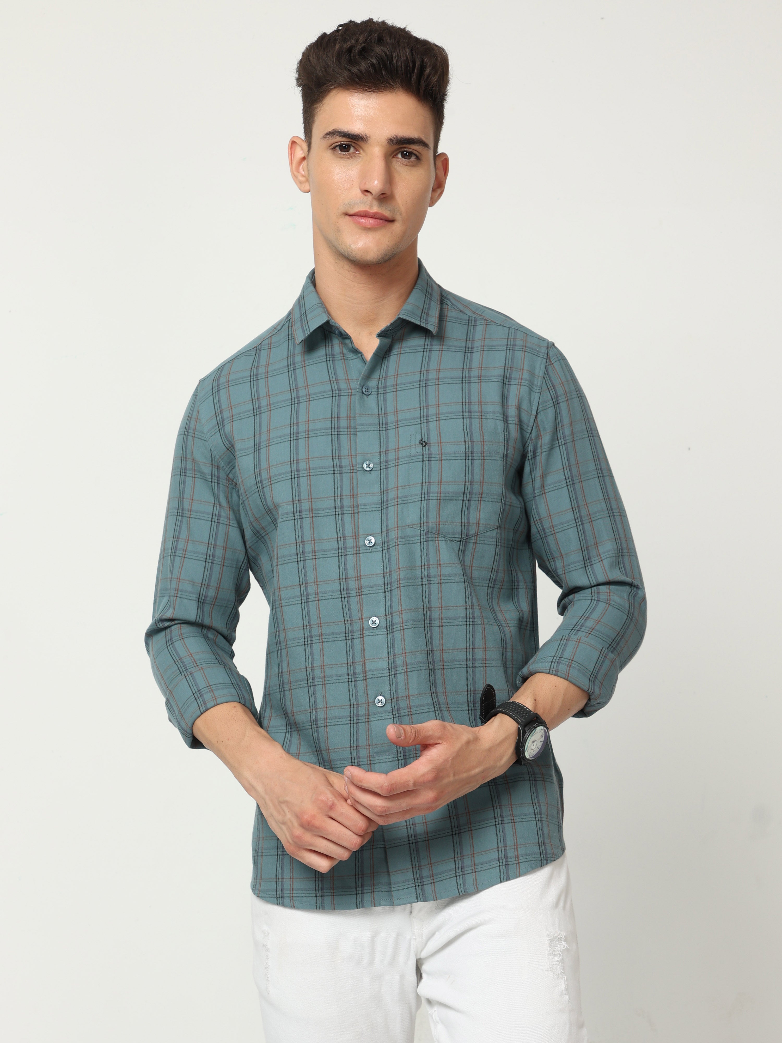Classic Polo Men's Cotton Full Sleeve Checked Slim Fit Polo Neck Grey Color Woven Shirt | So1-96 C