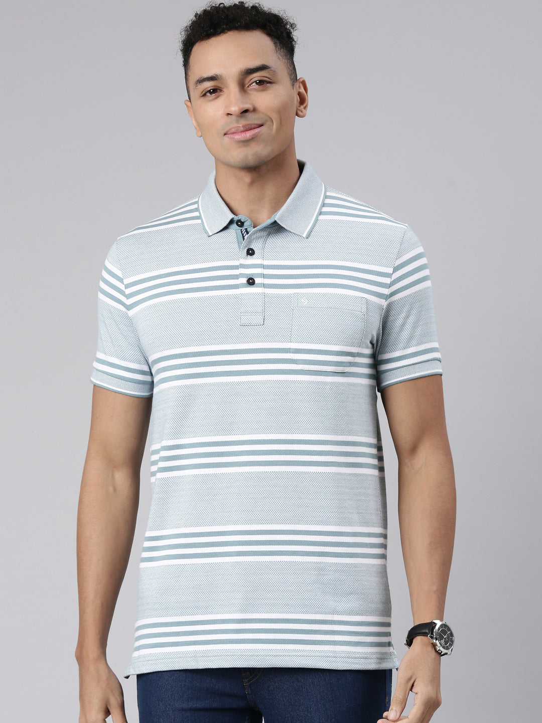 Classic Polo Men's Half Sleeve Blue/White Polo Neck Cotton Blend Slim Fit T-Shirt | ALLUR - 01 A SF P