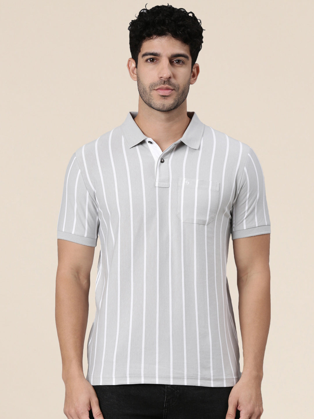 Classic Polo Men's Half Sleeve Grey/White Polo Neck Slim Fit Striped Cotton Blend T-Shirt | VERTICS - 122 B SF P