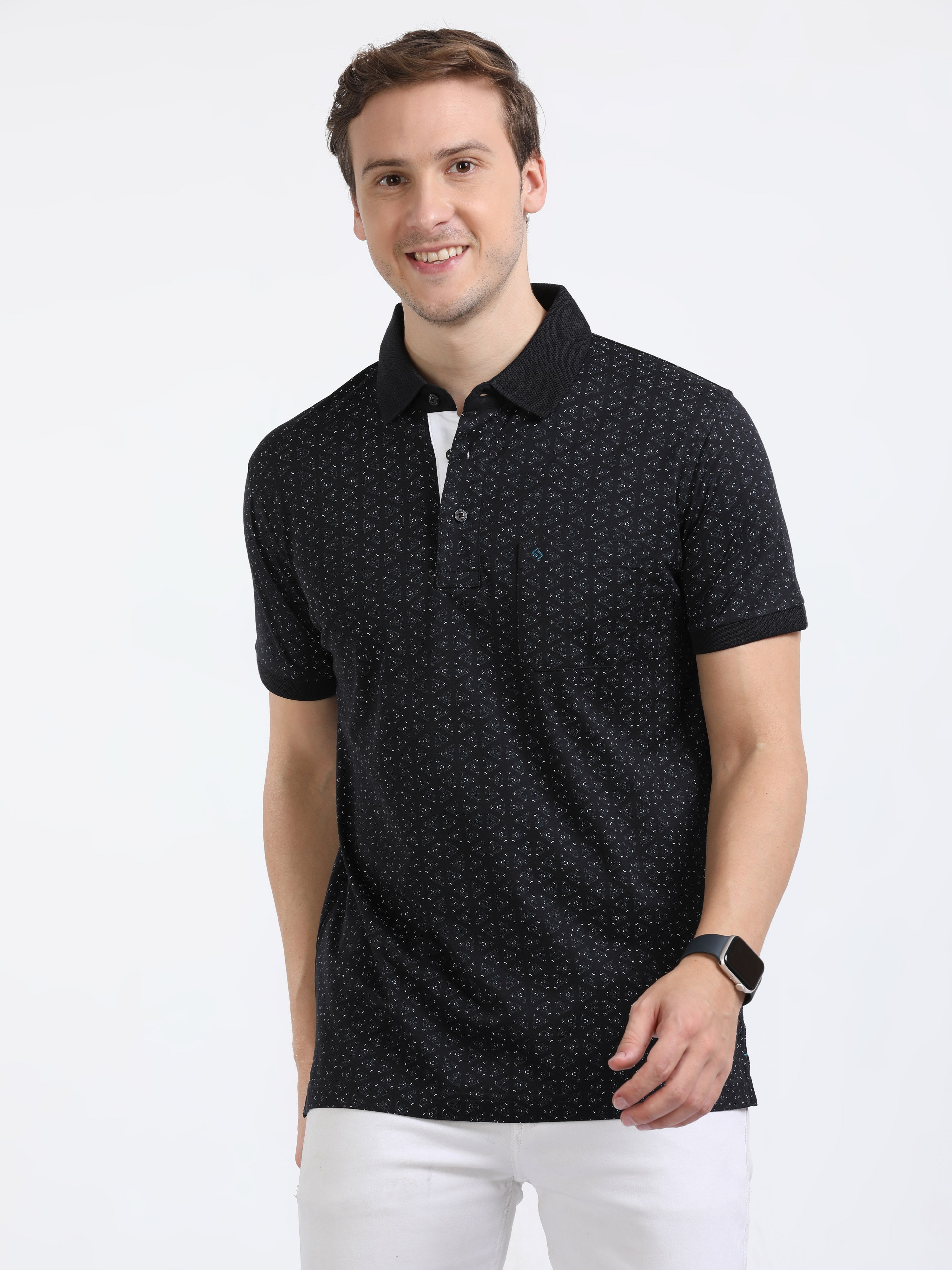 Classic Polo Mens Cotton Half Sleeves Printed Slim Fit Polo Neck Black Color T-Shirt | Scant - 35 B Sf P