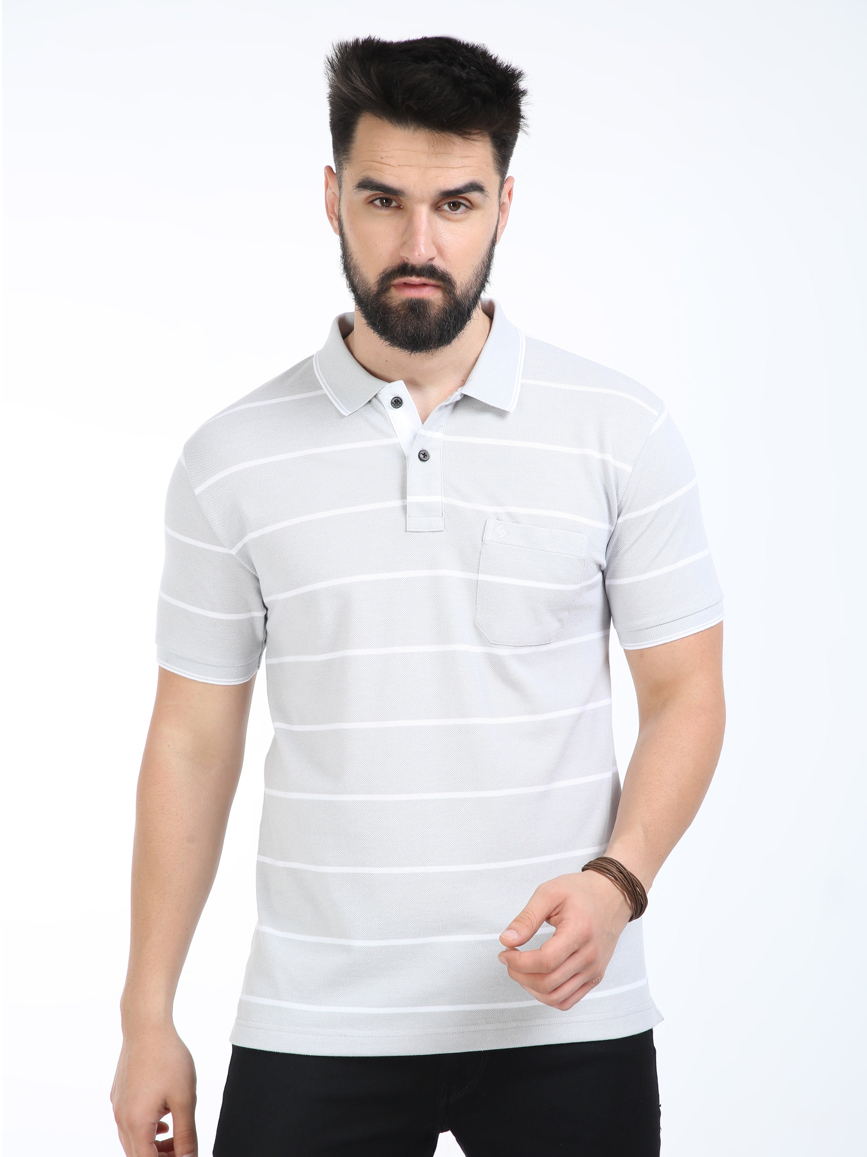 Classic Polo Mens Cotton Half Sleeves Striped Slim Fit Polo Neck Aqua Color T-Shirt | Adore - 210 A Sf P