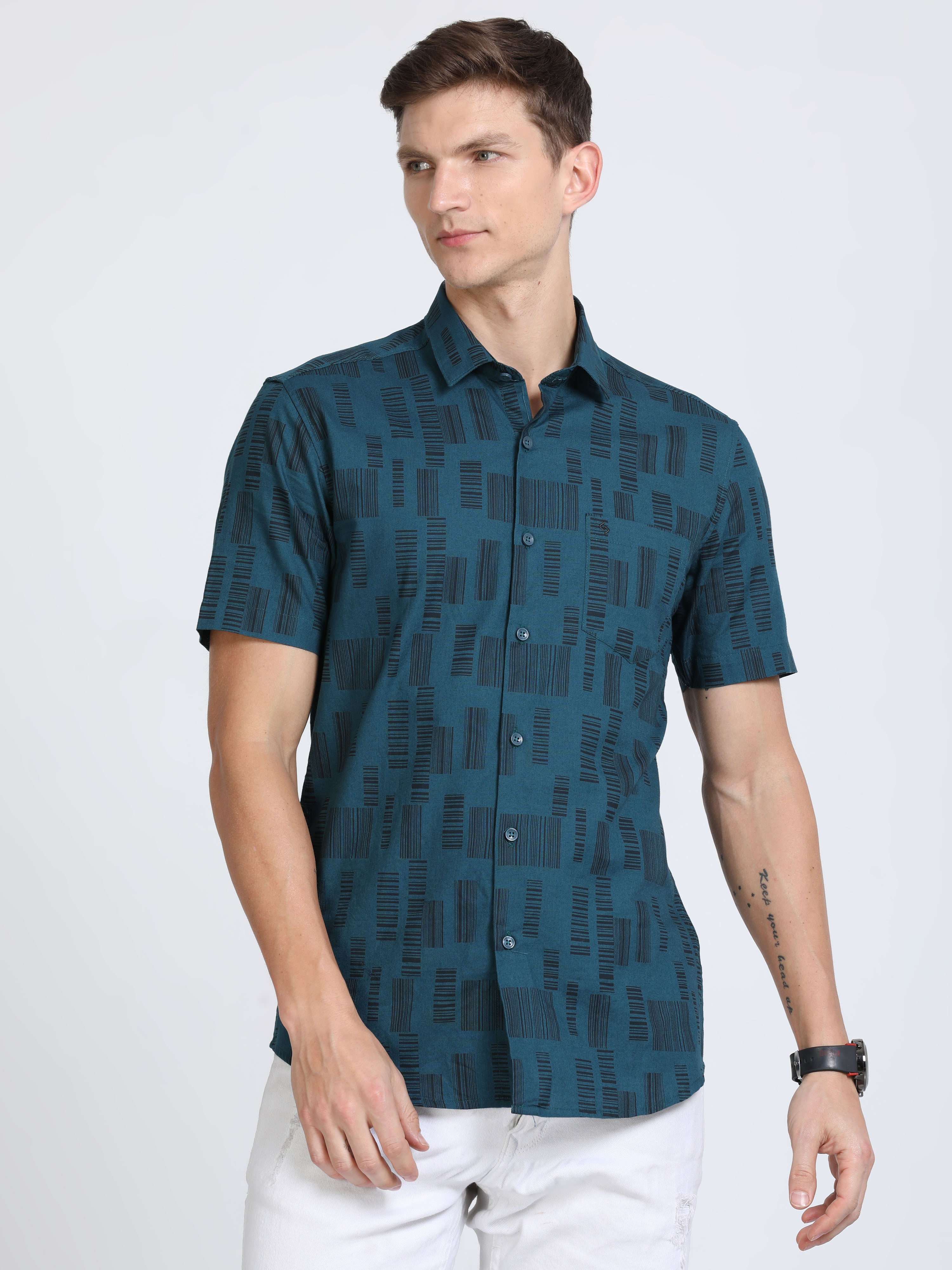 Classic Polo Mens Pure Cotton Half Sleeves Printed Slim Fit Polo Neck Dark Blue Color Woven Shirt | So2-162 B-Hs-Prt-Sf