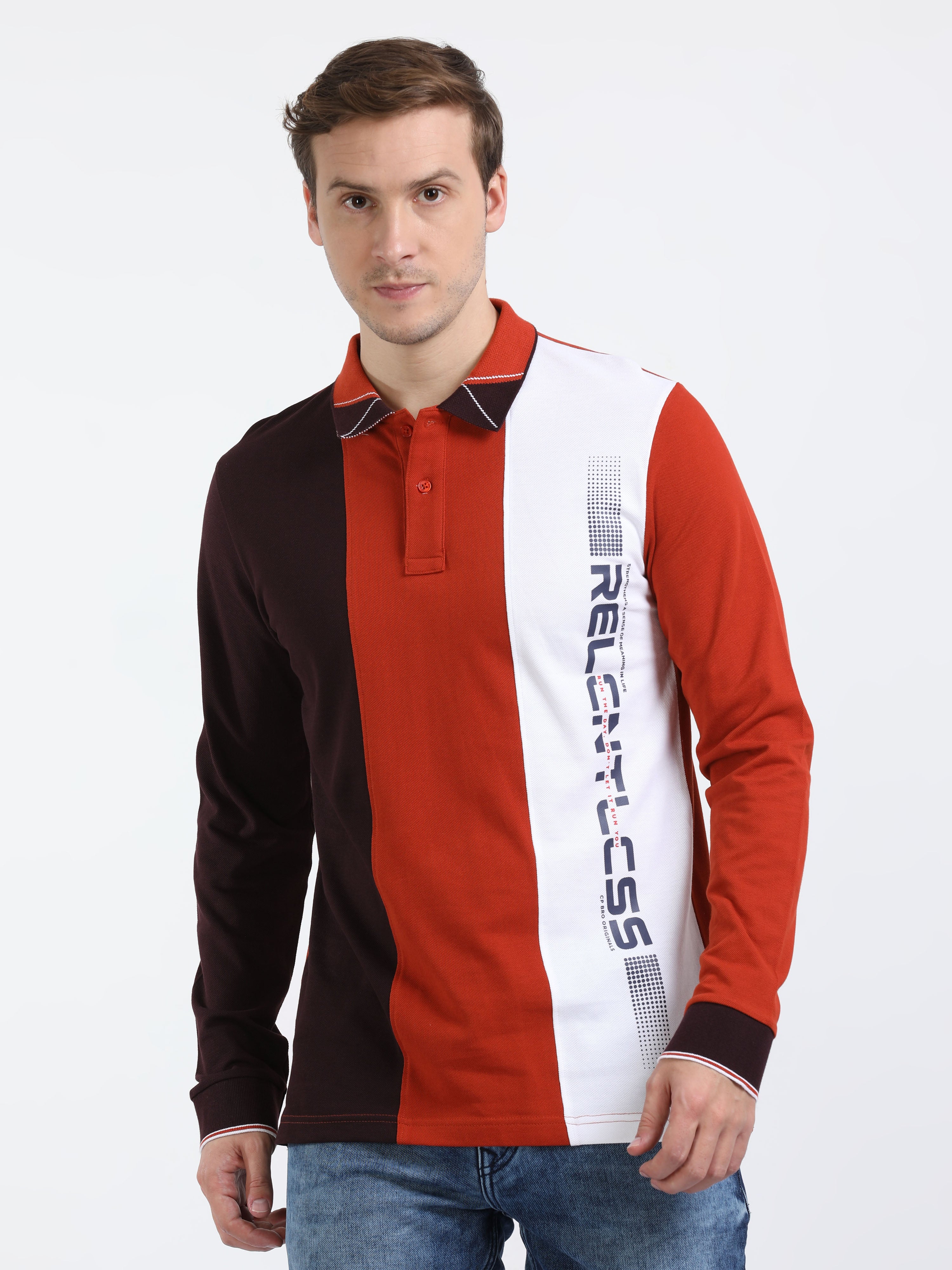 Classic Polo Mens Cotton Full Sleeve Color Blocked Slim Fit Polo Neck Multi Color T-Shirt | Brp - 394 B Sf P Fs