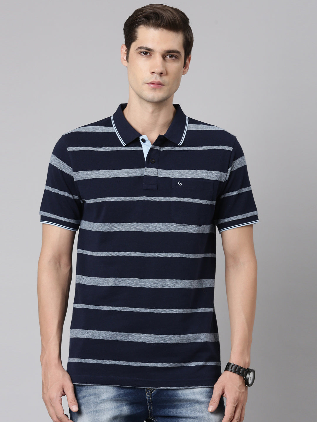 Classic Polo Men's Polo Neck Cotton Navy Blue Slim Fit Striped T-Shirt | ADORE-219 A SF P