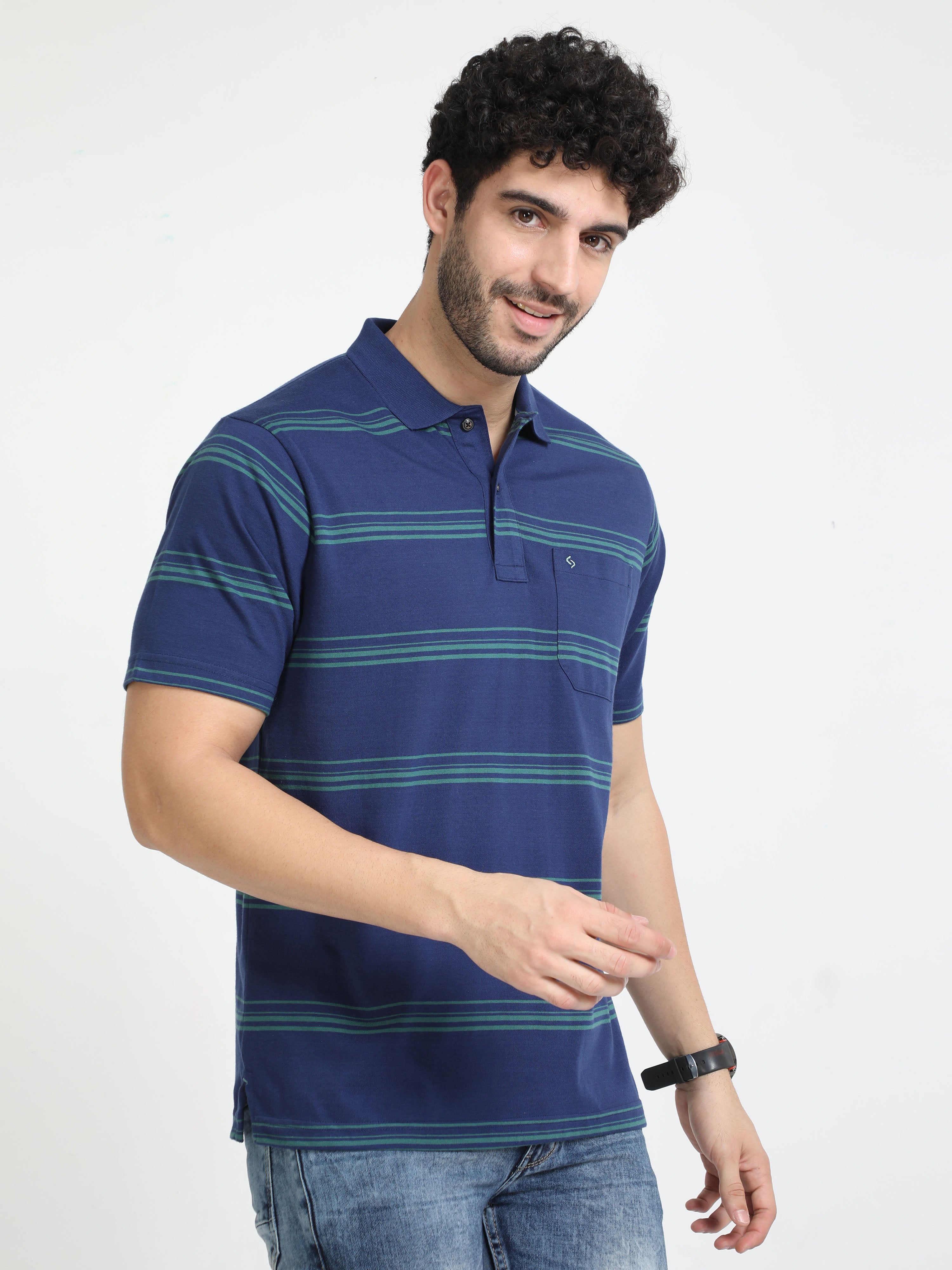 Classic Polo Mens Cotton Half Sleeves Striped Authentic Fit Polo Neck Royal Blue Color T-Shirt | Avon - 540 A Af P