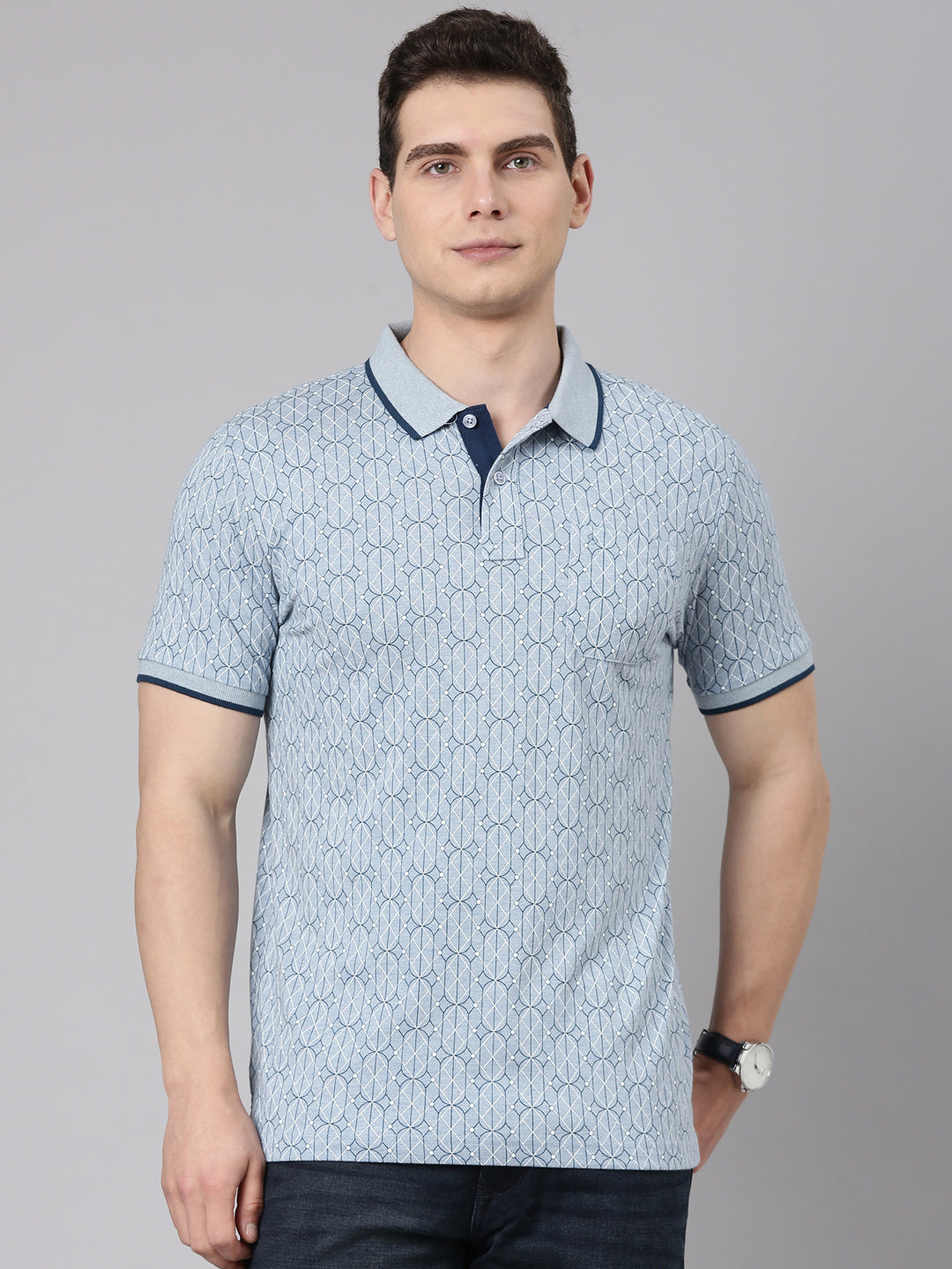 Classic Polo Men's Half Sleeve Blue Polo Neck Slim Fit All Over Print Cotton T-Shirt | BEAU - 290 A SF P