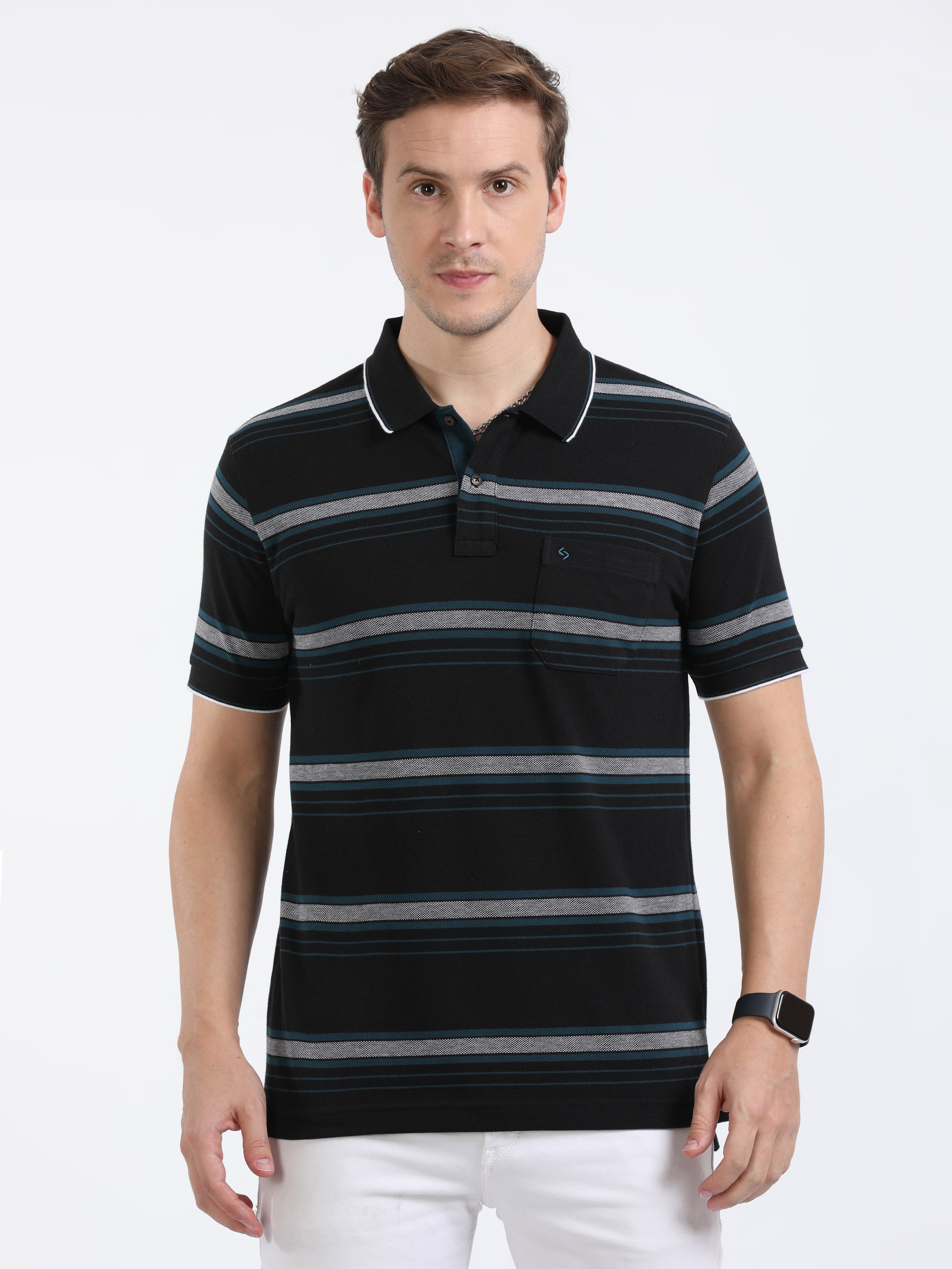 Classic Polo Mens Cotton Half Sleeves Striped Slim Fit Polo Neck Black Color T-Shirt | Adore - 209 B Sf P