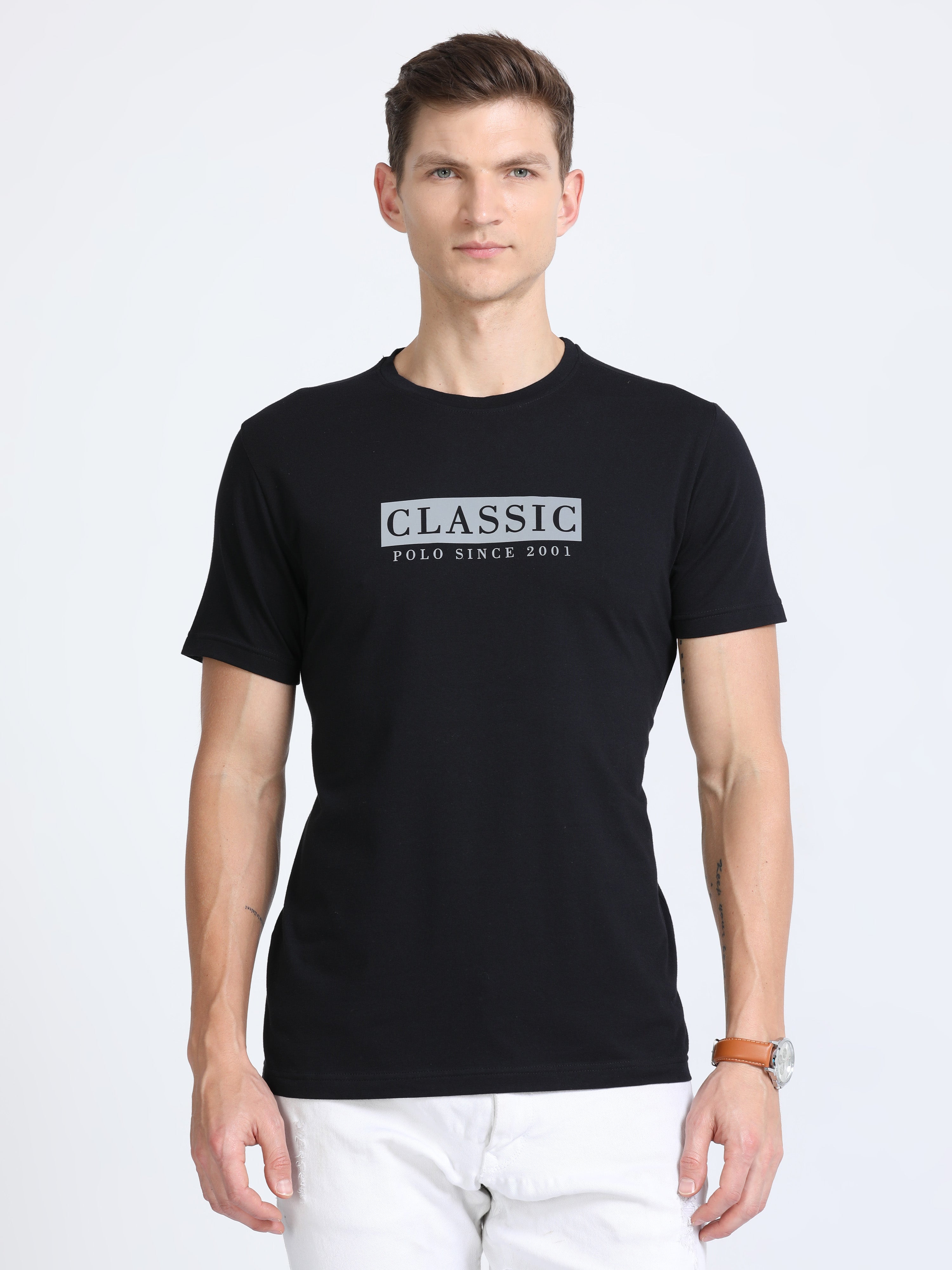 Classic Polo Mens Cotton Half Sleeves Printed Slim Fit Crew Neck Black Color T-Shirt | Baleno - 564 A Sf C