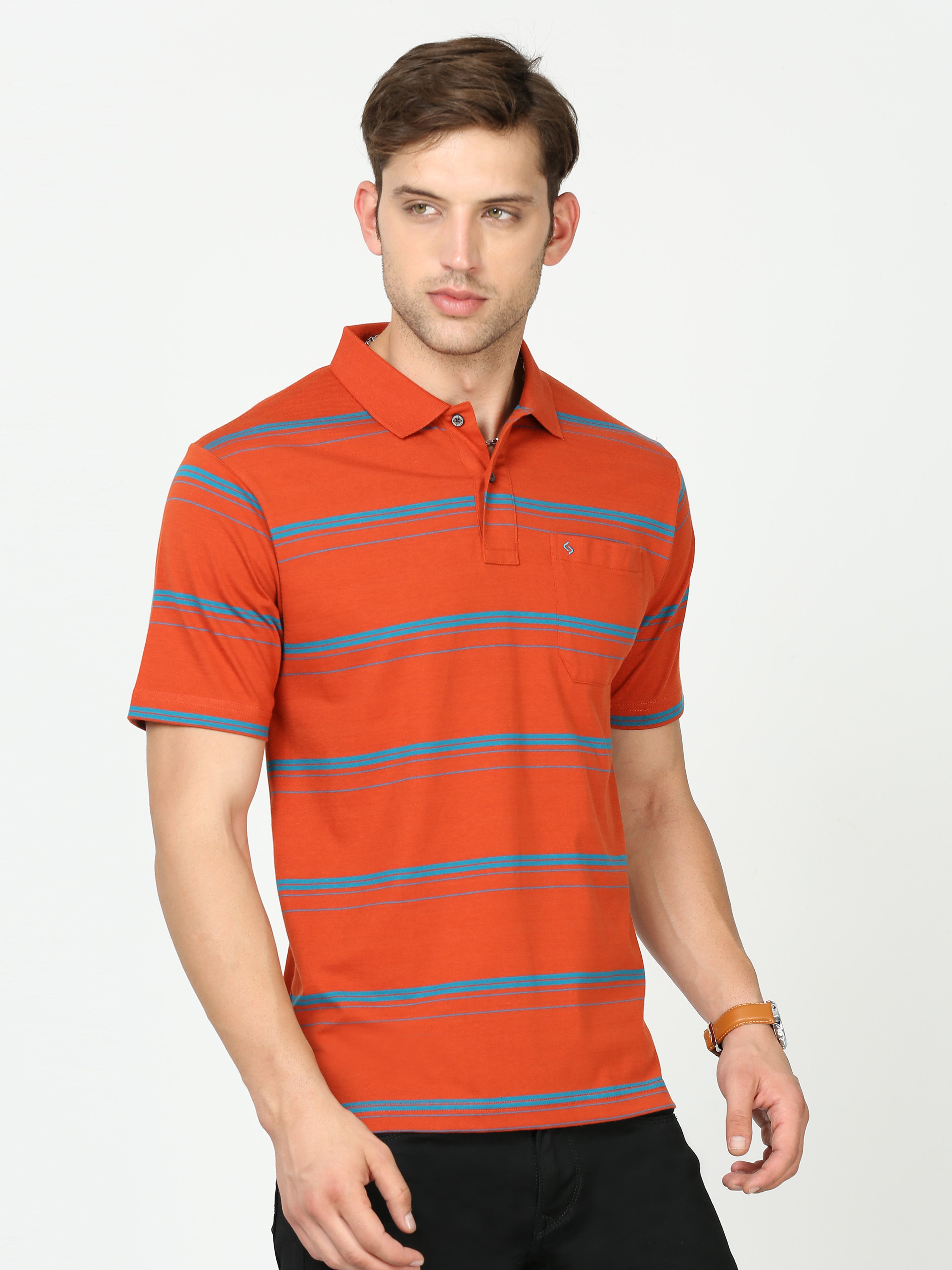 Classic Polo Mens Cotton Half Sleeves Striped Authentic Fit Polo Neck Red Color T-Shirt | Avon - 539 B Af P